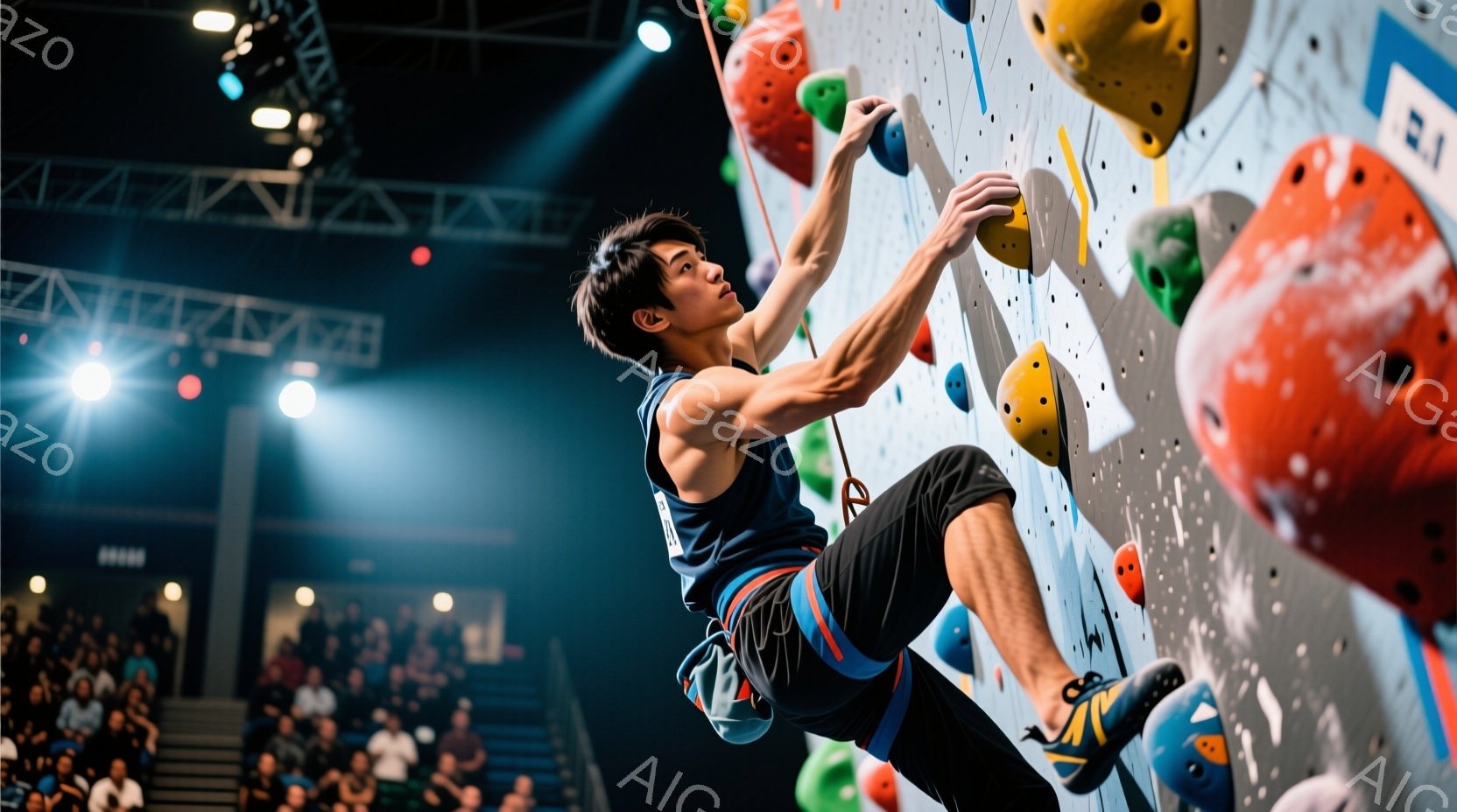 若い男性がクライミングウォールを登っている様子が写っている。彼はタンクトップと短パン姿で、集中した表情で体を大きく広げ、次のホールドを目指している。背景には観客席が見え、スポットライトが彼を照らし、競技場の活気ある雰囲気が伝わってくる。