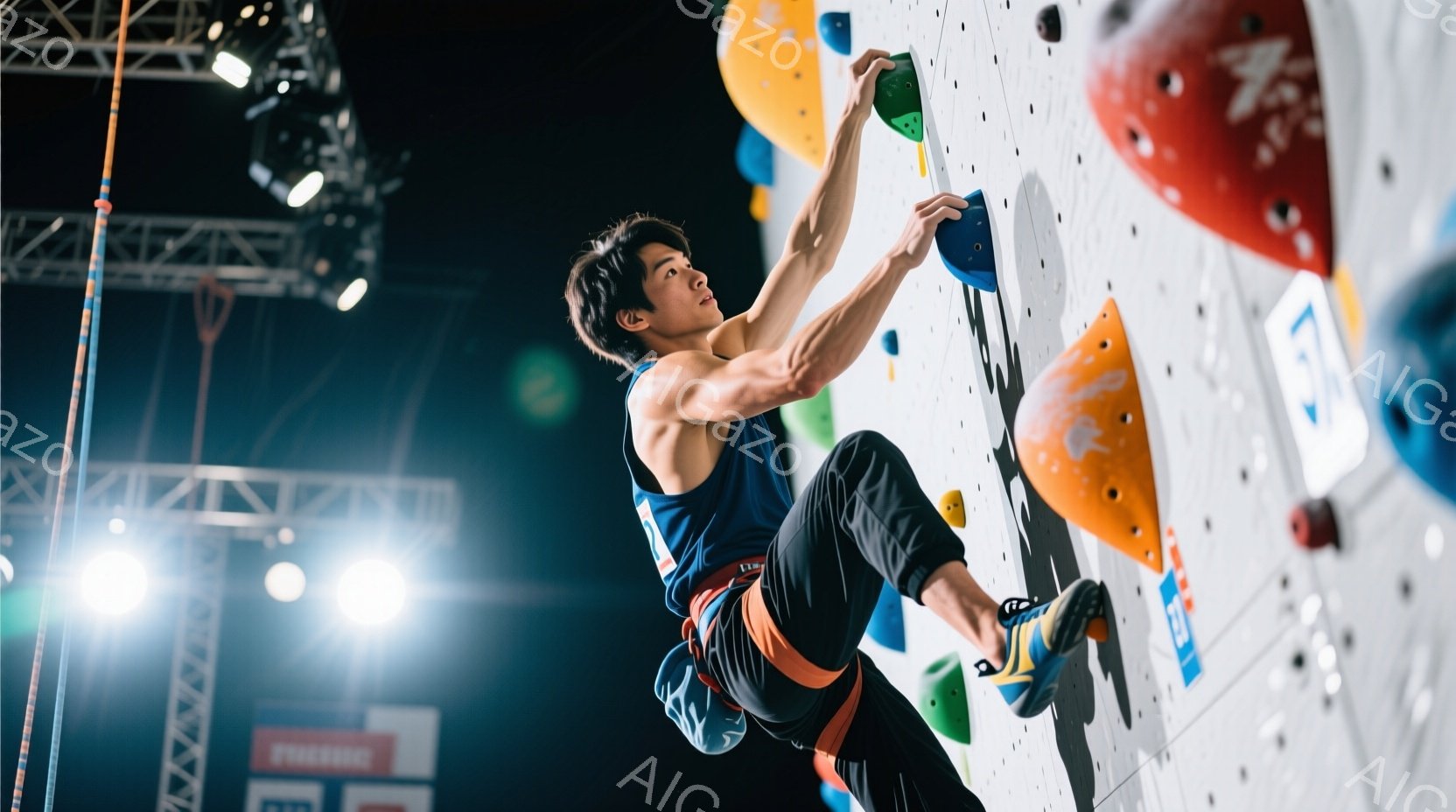 クライミングジムでクライミングを行っている男性が写っています。彼は青色のタンクトップと黒色のクライミングパンツ、オレンジ色のハーネスを着用しており、集中した表情で壁をよじ登っています。背景にはカラフル - AI生成フリー素材
