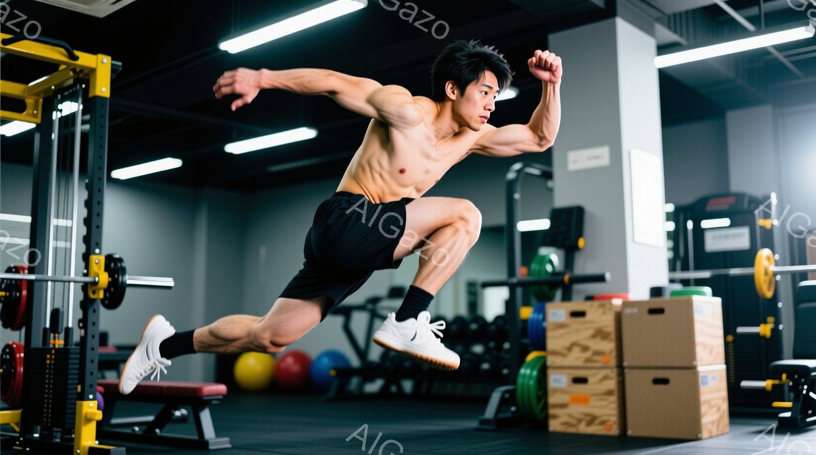 筋骨隆々の男性が、ジムの中でジャンプしている瞬間を捉えた写真です。黒のショーツとソックスを履き、白いスニーカーを着用し、鍛え上げられた肉体を露わにしています。背景には、ウェイトトレーニング器具や様々なエクササイズボールが配置された、活気のあるジムの様子が広がっています。