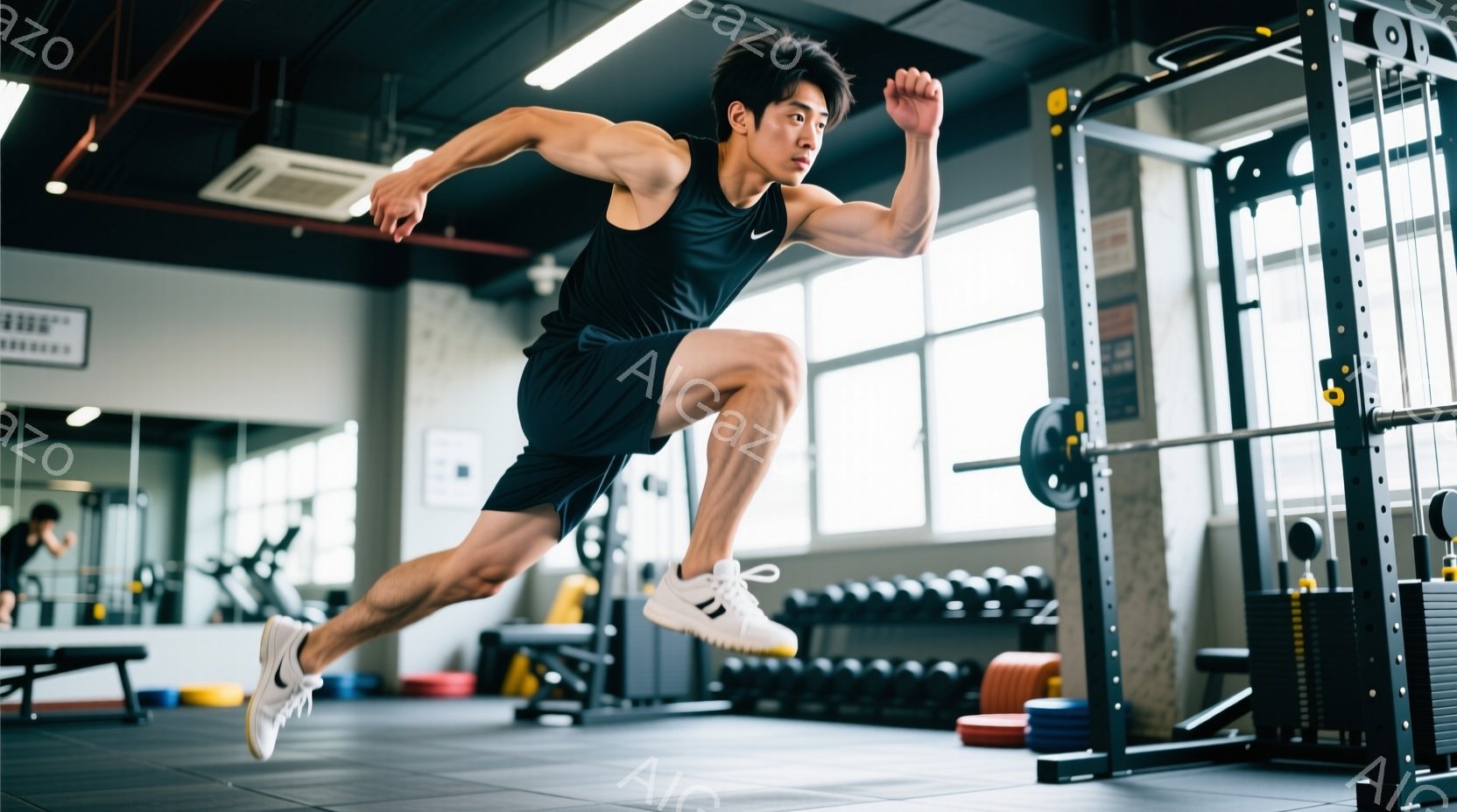 鍛え上げられた肉体を持つ男性が、ジムでジャンプしている瞬間を捉えた写真です。黒いタンクトップとショーツを着用し、白いスニーカーを履いています。背景にはダンベルや筋力トレーニング器具が並び、ジムの床は黒いゴムで覆われています。