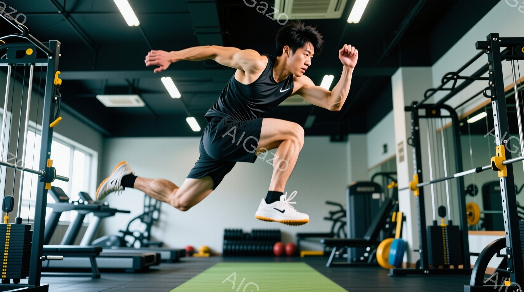 筋力トレーニングジムで、男性がジャンプしている瞬間を捉えた写真です。彼は黒のタンクトップとショーツ、白いスニーカーを着用し、短く整えられた黒髪に、集中した表情をしています。ジム内には、ランニングマシンやダンベル、トレーニング器具が整い、緑色のマットの上で躍動感あふれる姿が印象的です。