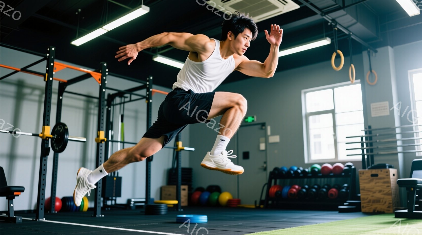 筋トレジムで、一人の男性がジャンプしている瞬間を捉えた写真です。彼は白いタンクトップと黒のショーツを着用し、髪は短く整えられています。ジム内には、様々なトレーニング器具やカラフルなボールが置かれ、活気 - AI生成フリー素材