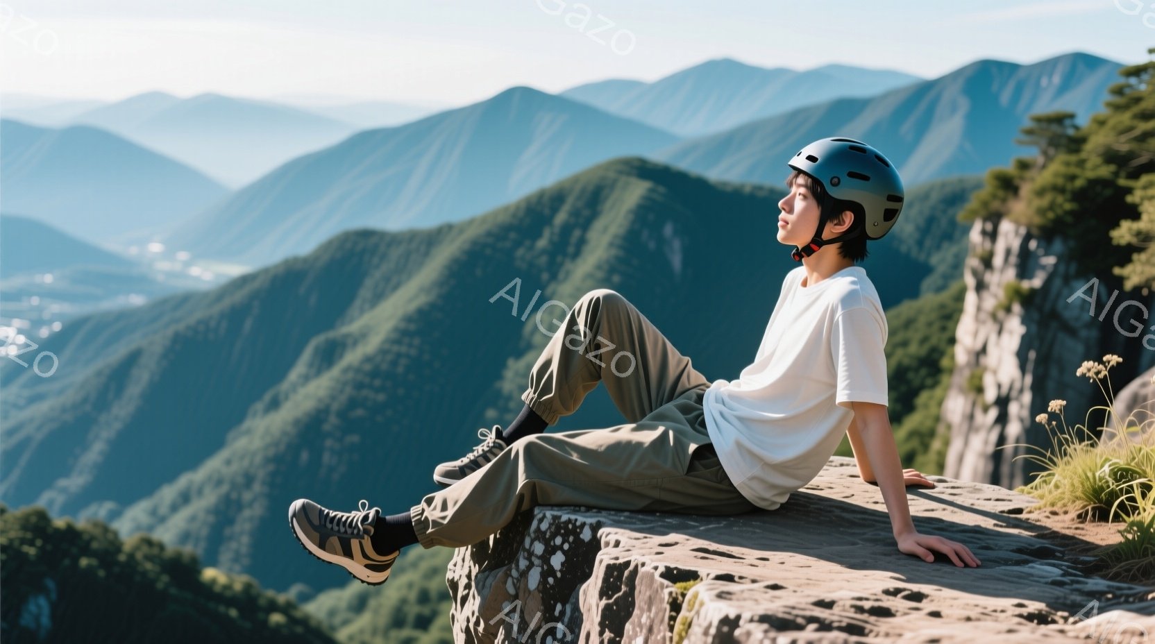 若い男性が岩の上に座り、遠くの山々を見つめている。彼は白いTシャツとカーキ色のパンツ、スニーカーを履き、ヘルメットを被っている。背景には緑豊かな山々が広がり、晴天の下、穏やかで静謐な雰囲気が漂っている - AI生成フリー素材