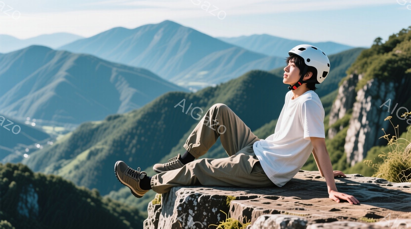 若い男性が岩の上に座り、遠くの山々を眺めている。白いTシャツとカーキ色のズボン、ハイキングブーツを着用し、ヘルメットを被っている。背景には緑豊かな山々が連なり、晴れた空が広がっており、穏やかで開放的な - AI生成フリー素材
