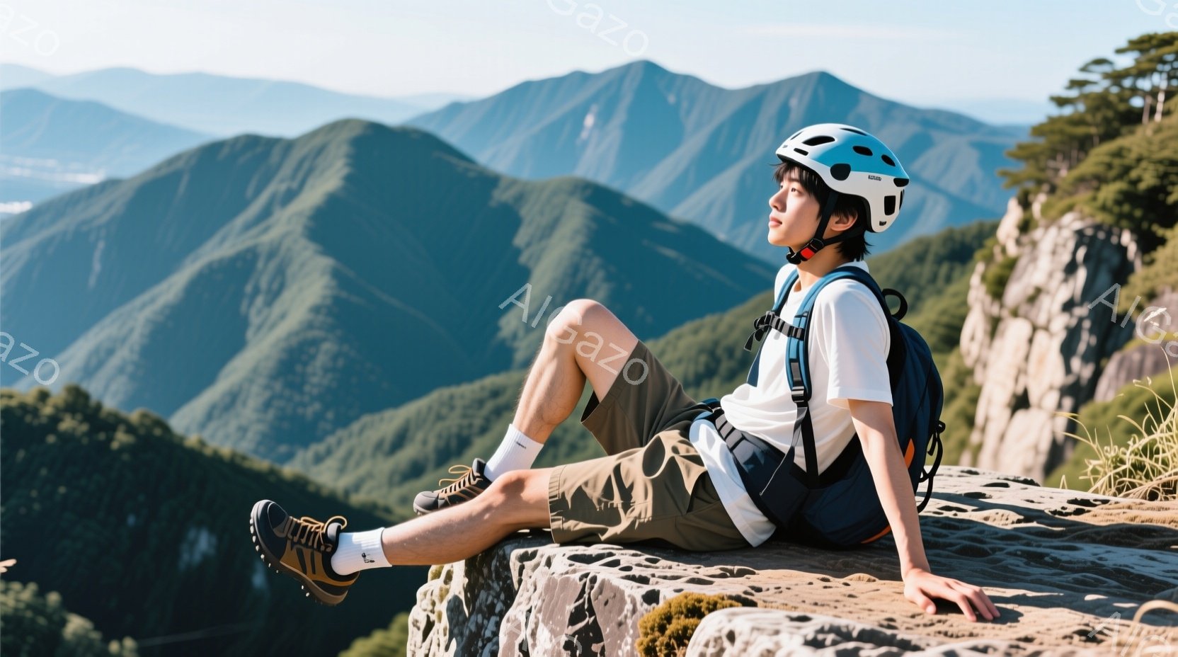 若い男性が岩の上に座り、遠くの山々を眺めている。彼は白いTシャツ、カーキ色のショートパンツ、ハイカットのトレッキングシューズを着用し、ヘルメットをかぶっている。背景には緑豊かな山々が連なり、晴天の下、 - AI生成フリー素材