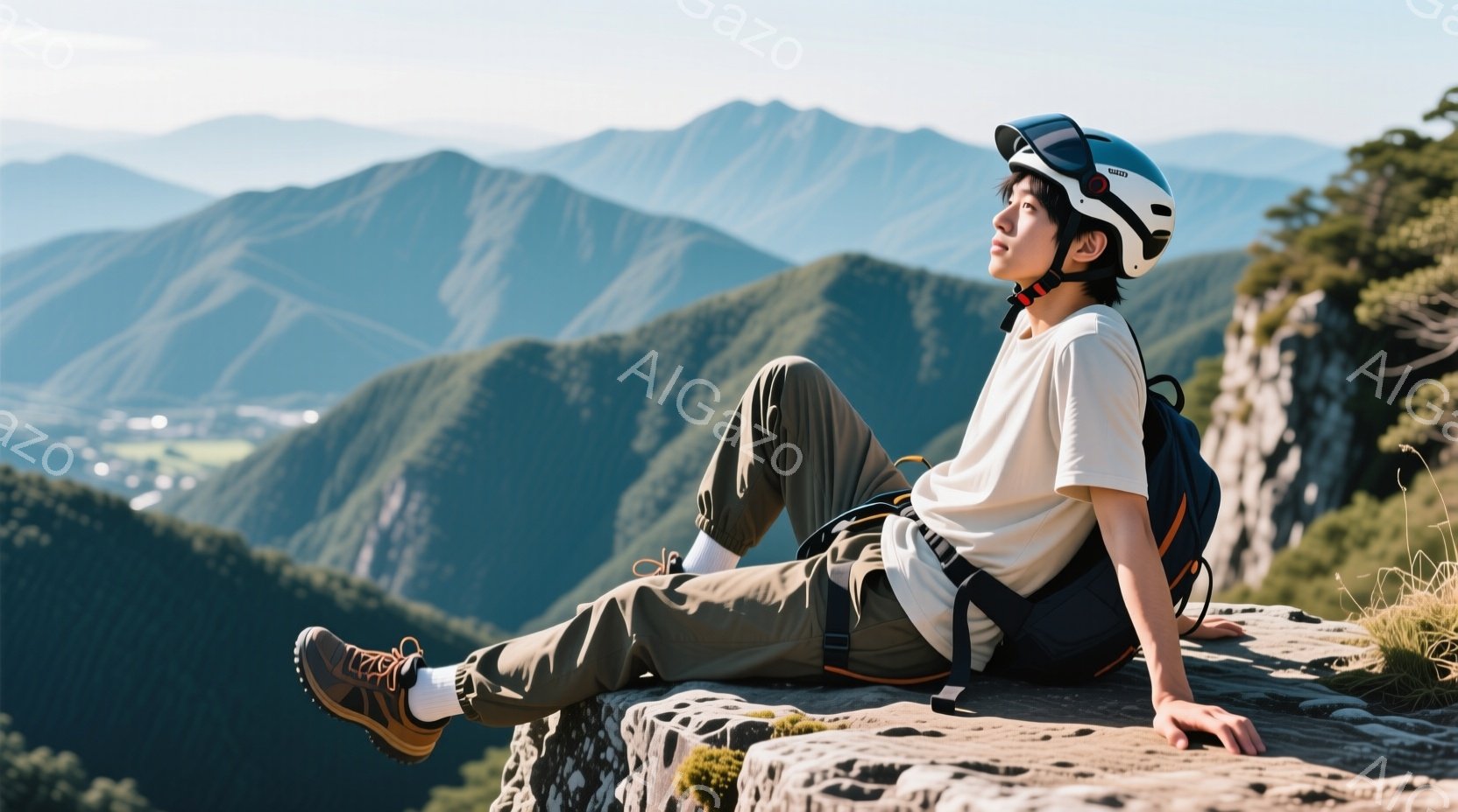 若い男性が岩の縁に座り、遠くの山々を見渡している。彼は白いTシャツ、カーキ色のズボン、ハイキングブーツ、そして黒と白のヘルメットを着用しており、リュックサックを背負っている。背景には緑豊かな山々と、遠 - AI生成フリー素材