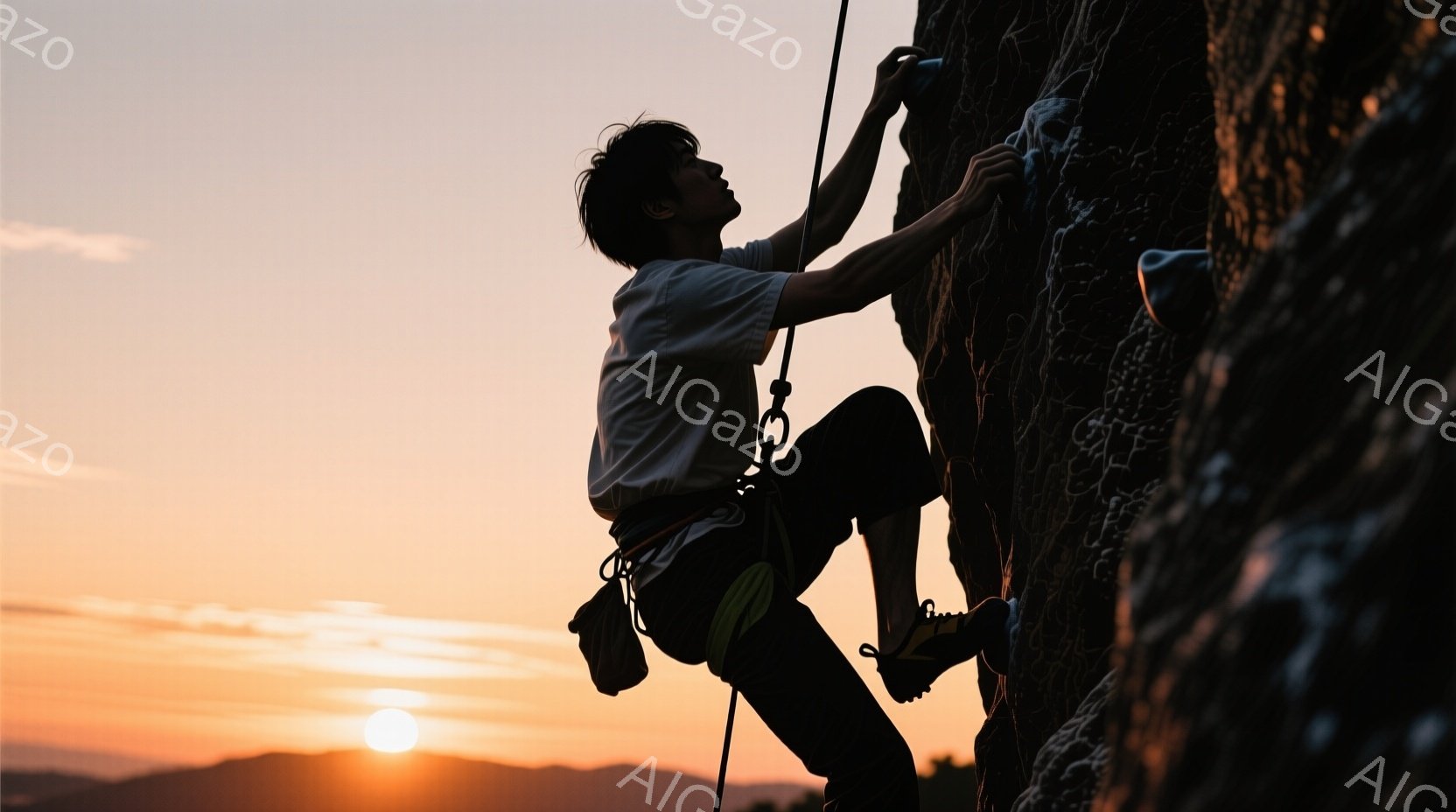 一人の男性が岩壁を登っているシルエットが捉えられています。彼は黒いクライミングシューズとズボン、白いTシャツを着用し、ハーネスとロープを装備しています。背景には夕焼けが広がり、オレンジと赤のグラデーションが美しく、力強い登山と自然の壮大さを表現しています。