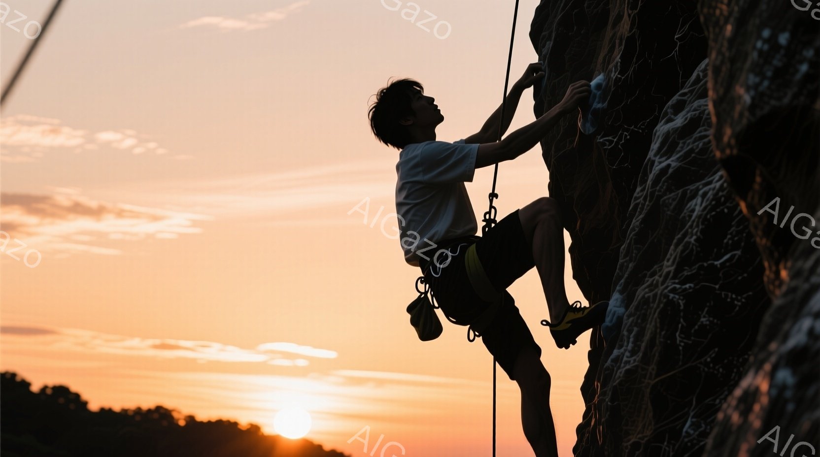 クライマーが岩壁を登っているシルエットが印象的な画像です。彼は白いTシャツ、濃い色のショートパンツ、クライミングシューズを着用し、髪は短く、集中した表情で次のホールドを目指しています。背景は夕焼けでオレンジと赤の色合いが強く、遠くには山の稜線が見え、静かで力強い雰囲気が漂っています。