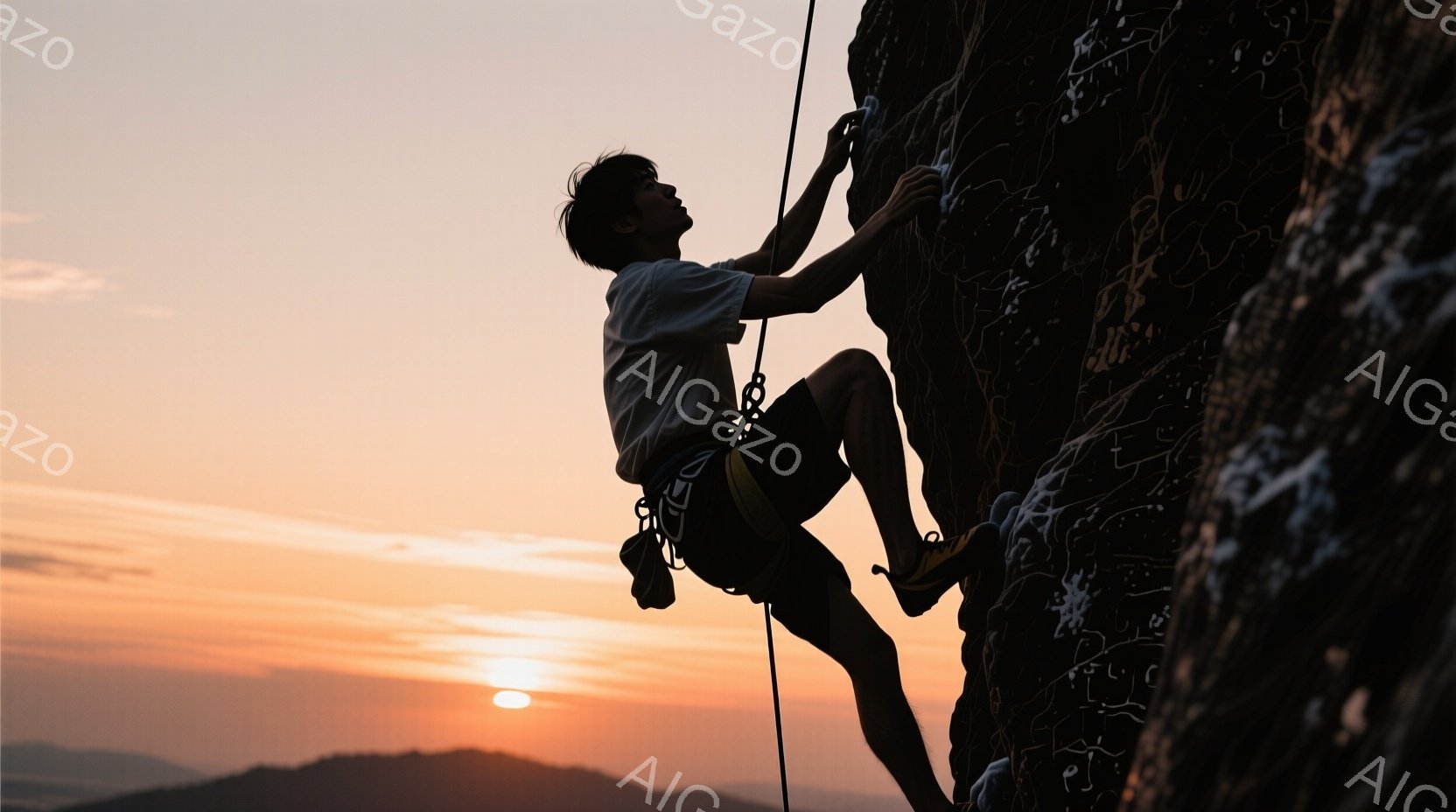 一人の男性が岩壁を登っている姿が捉えられています。彼は黒いショートパンツと白いTシャツを着用し、クライミングシューズを履いています。背景には夕焼けが広がり、オレンジとピンクのグラデーションが空を染め、 - AI生成フリー素材