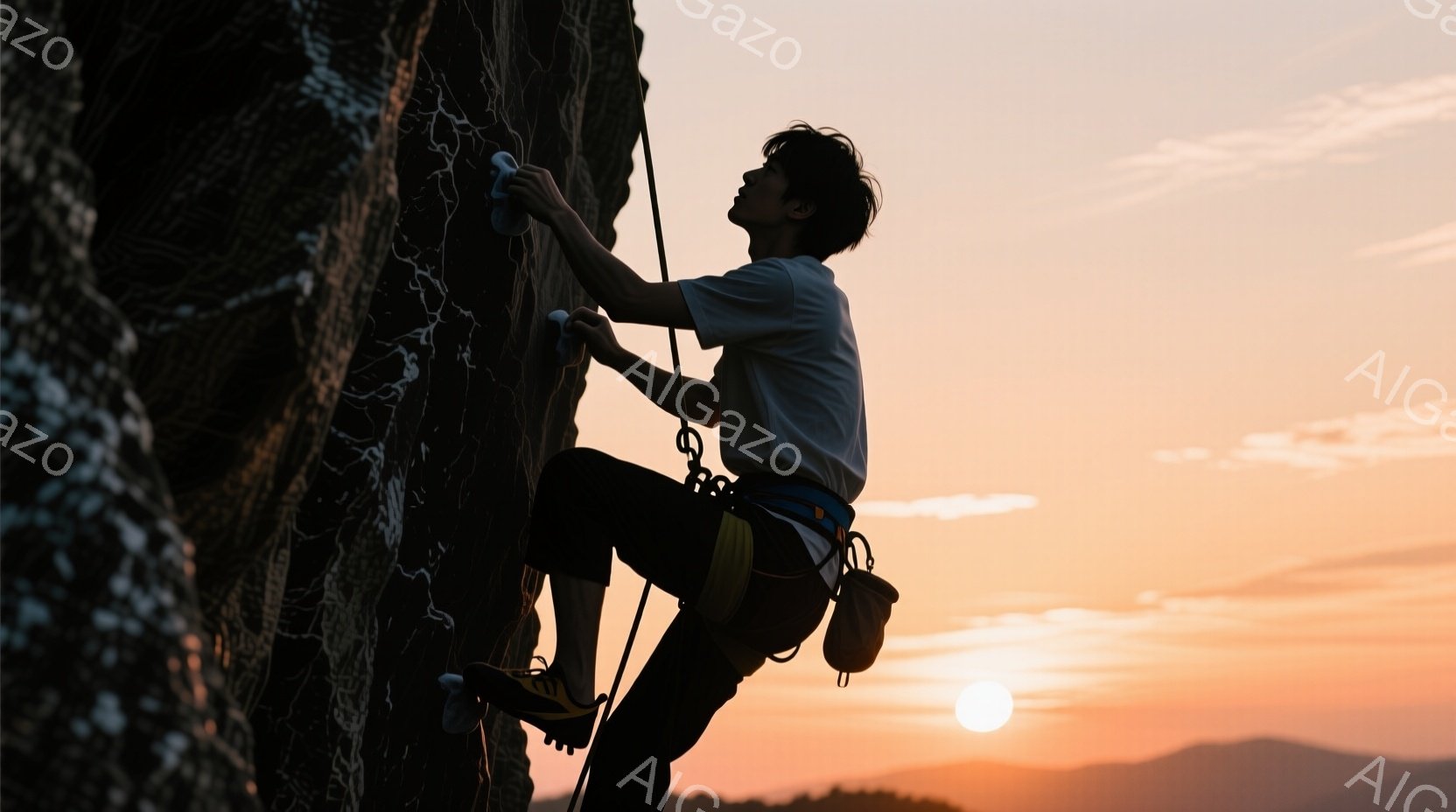 登山者が夕焼けに照らされた岩壁を登っている姿が捉えられています。彼は黒いクライミングシューズと、青いハーネスを身につけ、短髪で、集中した表情で次のホールドを目指しています。背景にはオレンジと赤のグラデーションが広がる夕焼け空と、霞んだ山々が広がり、静寂で力強い雰囲気を醸し出しています。