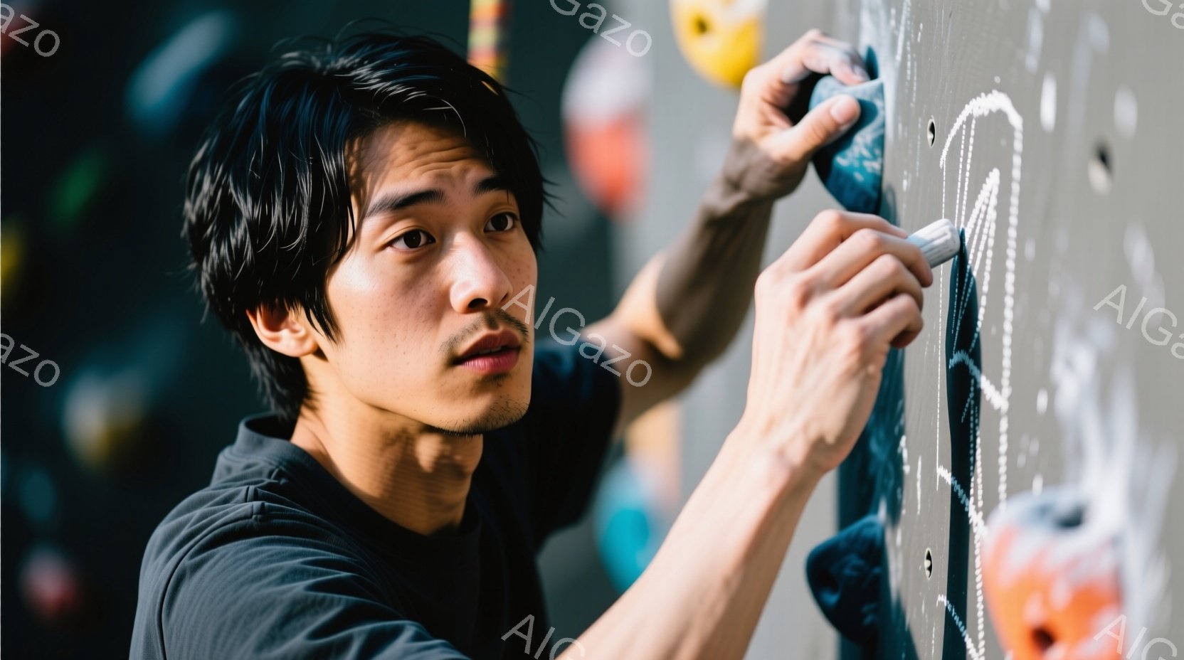 若い男性がクライミングウォールにチョークを塗っています。彼はグレーのTシャツを着ており、黒い短髪で、少し顎ひげが生えています。彼の表情は集中しており、クライミングウォールに手を伸ばしながら、壁のホール - AI生成フリー素材