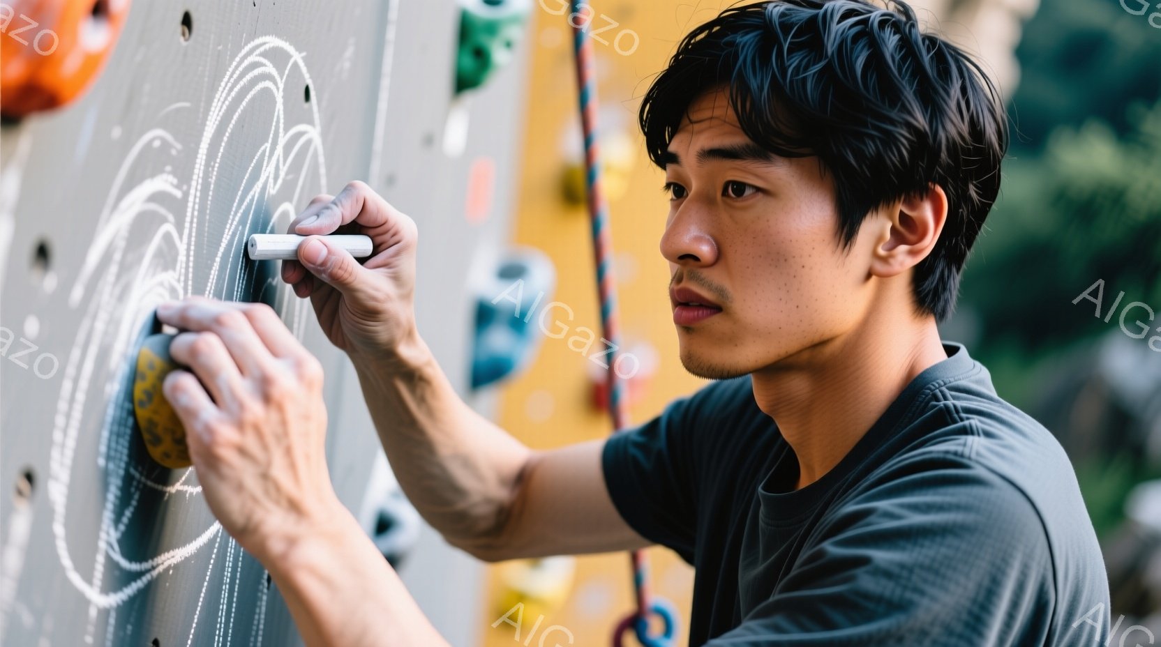 登山用の壁の前で、若い男性がチョークでルートを描いています。彼は濃いグレーのTシャツを着ており、短く整えられた黒髪で、集中した表情をしています。背景には、さまざまな色のホールドが取り付けられたクライミ - AI生成フリー素材
