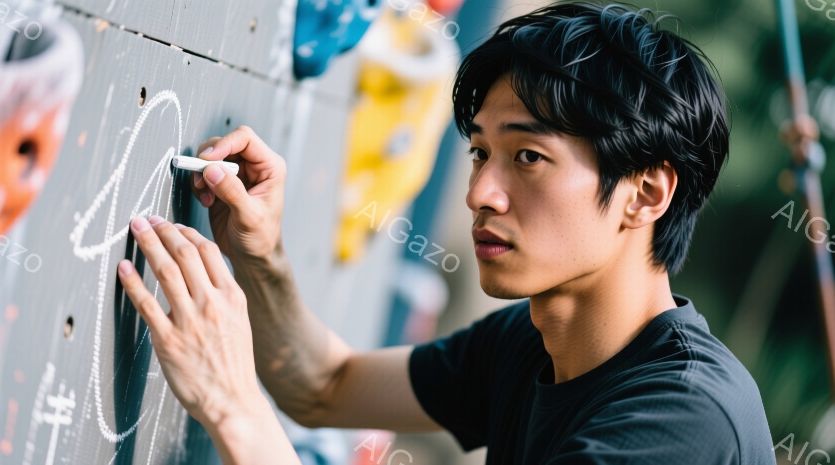 若い男性がクライミングウォールにチョークで何かを描いている様子が写っている。彼は黒いTシャツを着ており、黒髪で、真剣な表情をしている。背景にはカラフルなクライミングホールドと緑の植物が見え、屋外で天候 - AI生成フリー素材