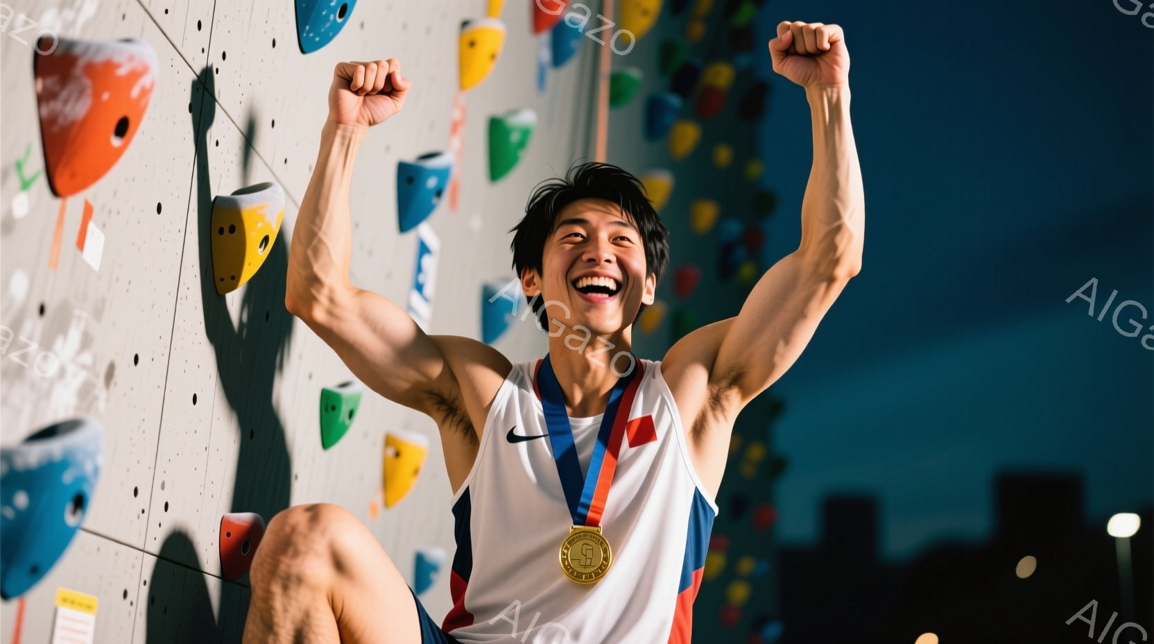 若い男性がクライミングウォールを背景に、両腕を高々と上げて歓喜しています。白いシャツに赤いトリム、黒いショーツを着用し、首には金メダルが輝いています。彼は満面の笑みを浮かべ、勝利の喜びを表現しており、背景のカラフルなクライミングホールドが彼の興奮をさらに引き立てています。