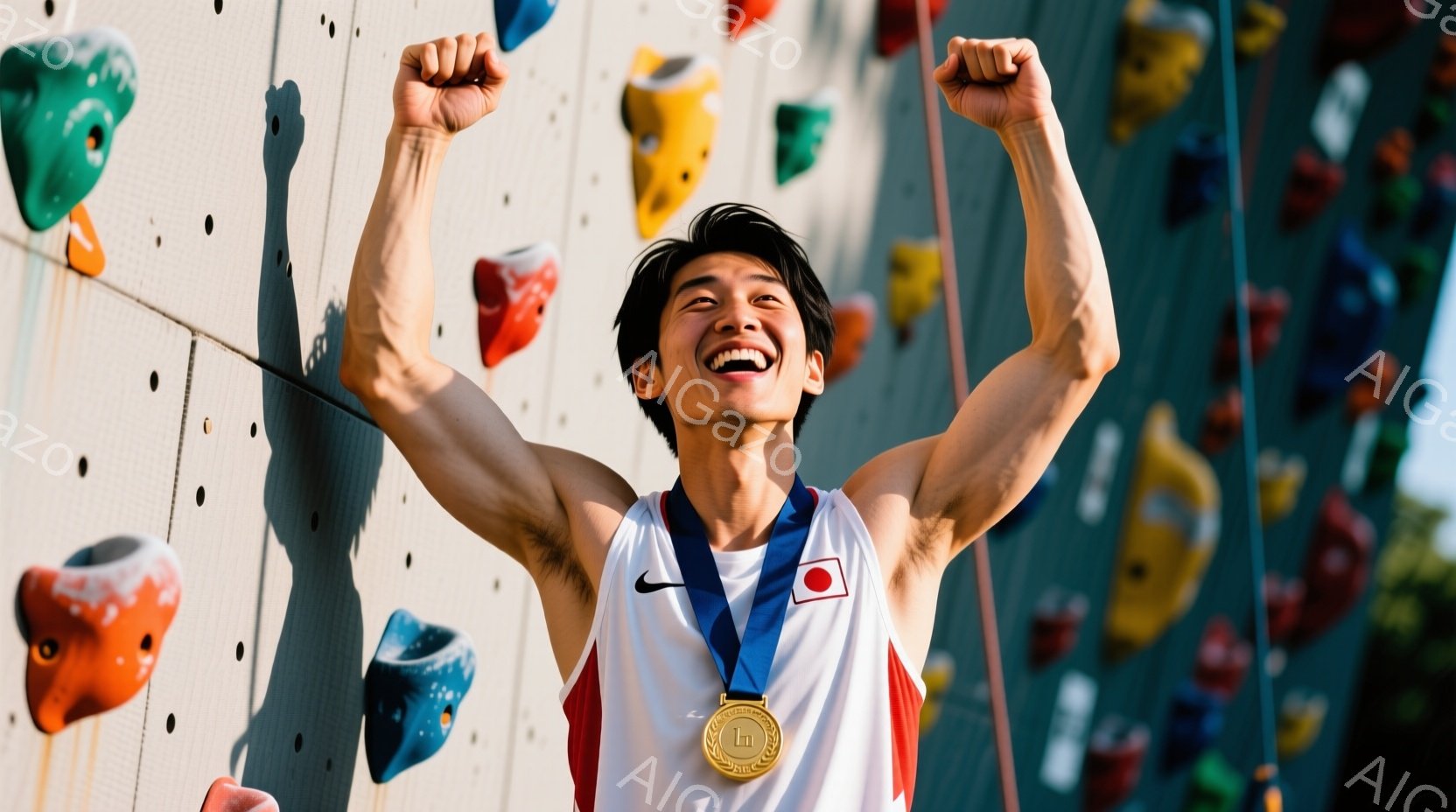 若い男性アスリートが、クライミングウォールを背景に両手を高く上げて歓喜しています。彼は日本の国旗が描かれた白いクライミングジャージを着ており、首には金メダルがかけられています。背景にはカラフルなクライミングホールドが並び、明るい光が差し込んでおり、勝利の瞬間を捉えた躍動感あふれる一枚です。