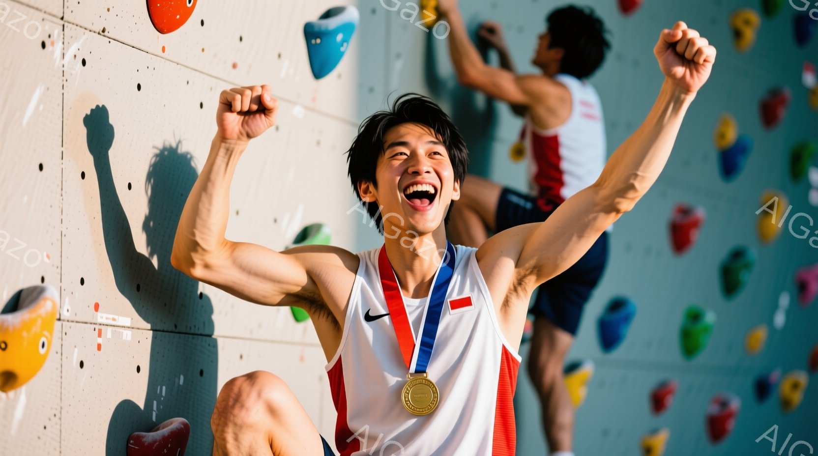 競技者がクライミングウォールを背景に、両腕を高く上げて勝利を喜んでいます。白と赤のタンクトップ姿で、首には金メダルが輝き、満面の笑みを浮かべています。背景にはカラフルなクライミングホールドが並び、他の競技者の姿も見え、競技場の活気を感じさせます。