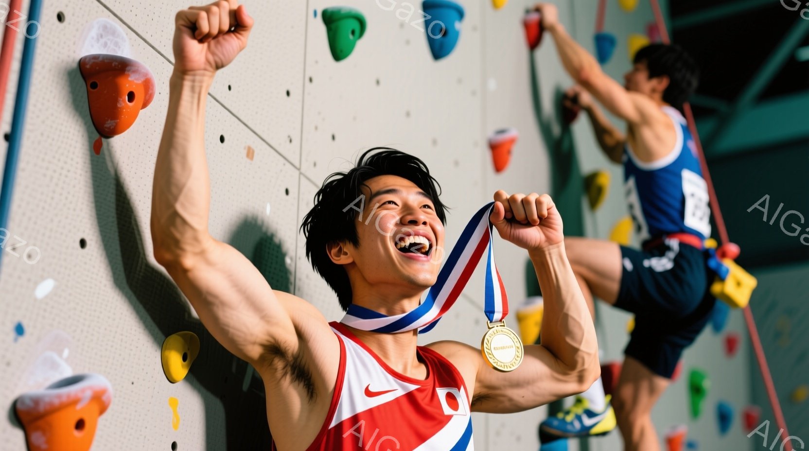 競技者は赤いタンクトップと紺色のショートパンツを着用し、首には金メダルをかけています。彼は両手を高く上げ、満面の笑みを浮かべており、勝利の喜びを表現しています。背景にはクライミングウォールがあり、別の競技者が登っており、競技場の活気ある雰囲気が伝わってきます。