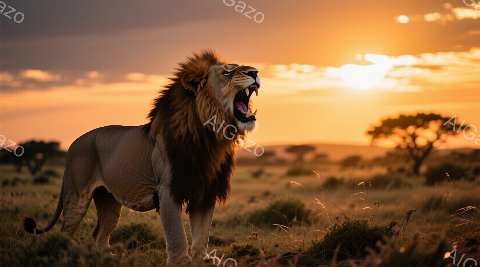 広大なサバンナで、雄ライオンが大きく口を開けて咆哮している。夕焼けに照らされた黄金色の草原と、遠くに見える木々が、野生的な雰囲気を醸し出している。ライオンの力強い姿勢と表情は、まさに百獣の王の威厳を感 - AI生成フリー素材