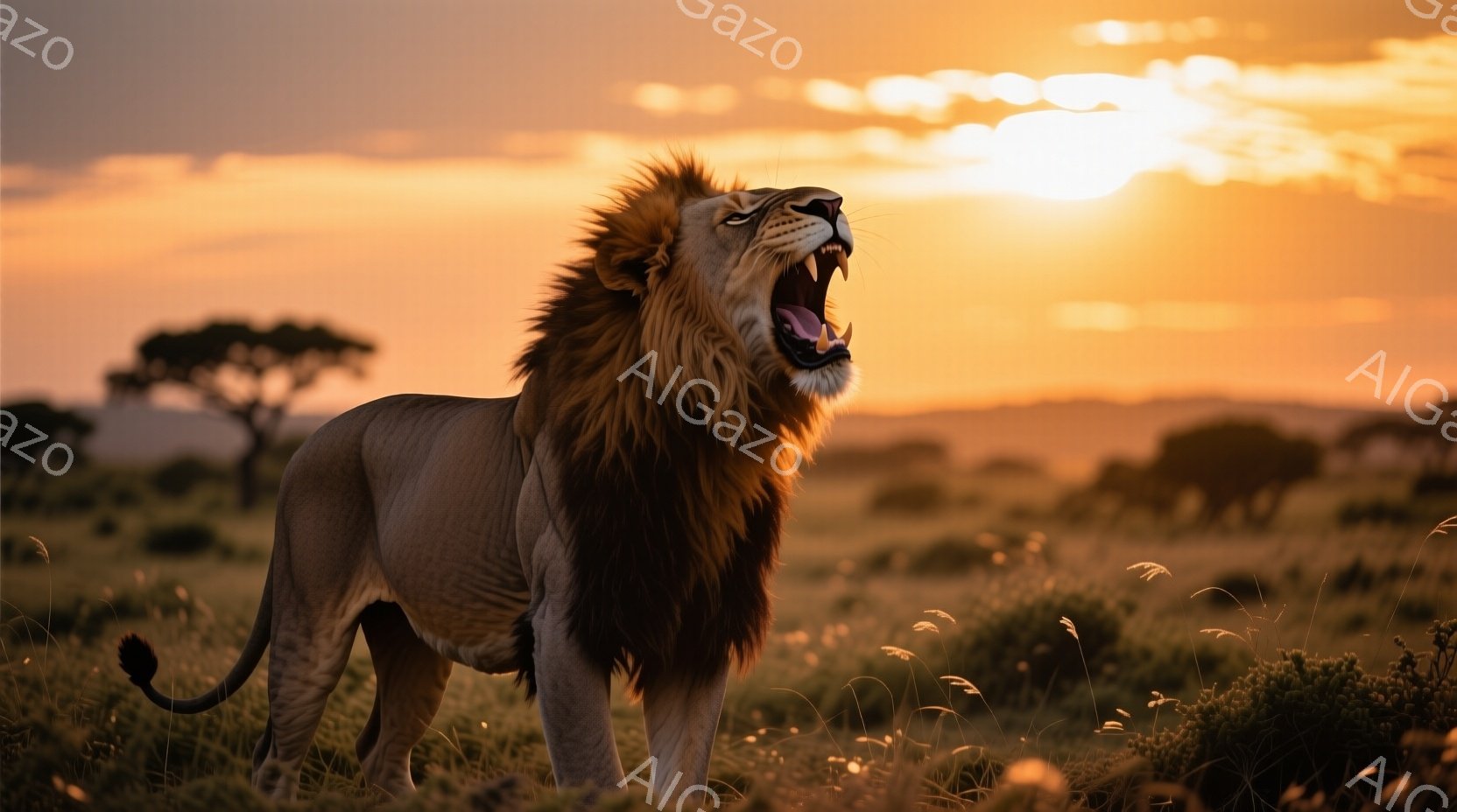 雄大なアフリカのサバンナを背景に、たてがみが豊かなオスのライオンが大きく口を開けて咆哮しています。夕焼けのオレンジ色の光がライオンを照らし、その力強さと威厳を強調しています。周囲には乾燥した草が生い茂り、遠くには木々や丘が見え、野生の自然を感じさせる壮大な光景です。