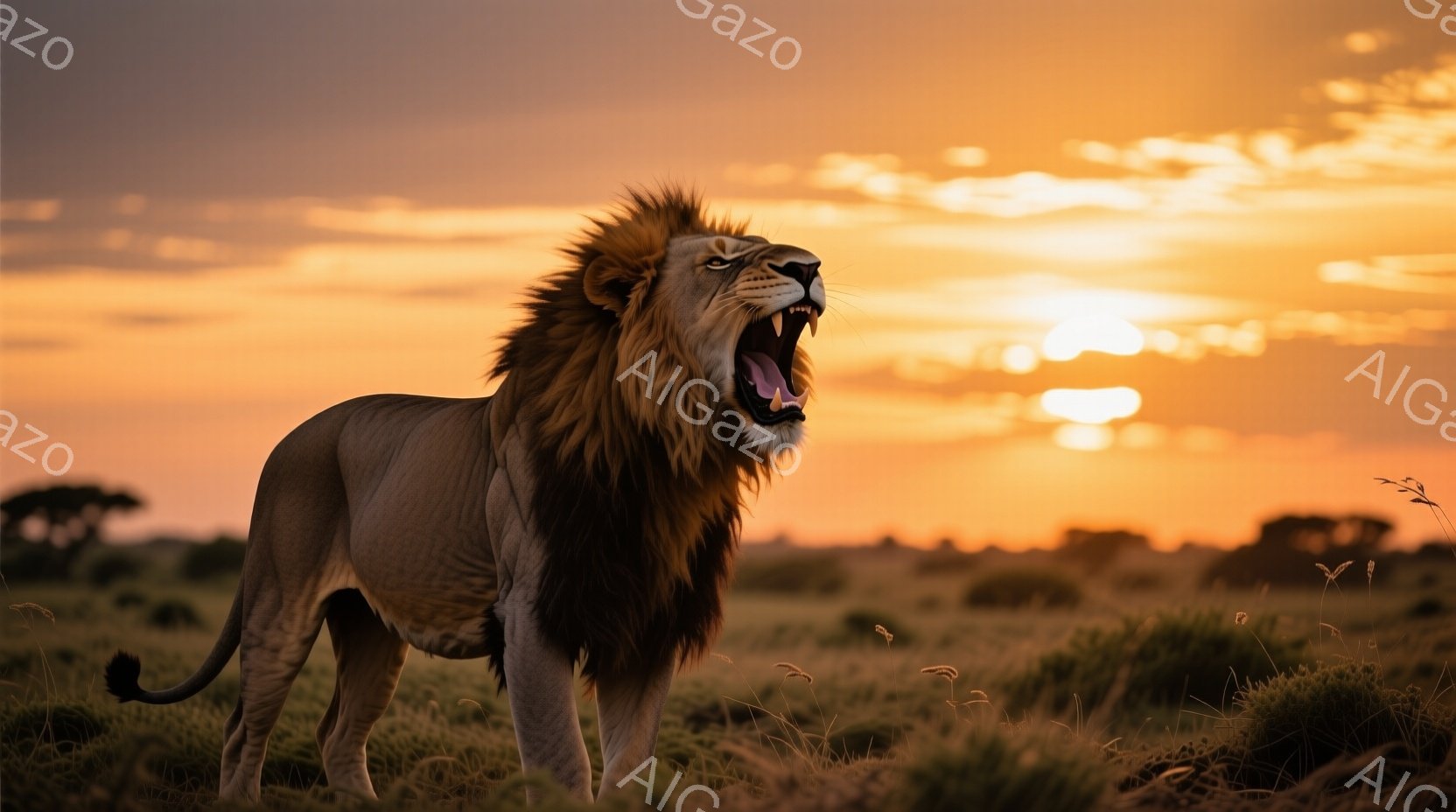 広大なサバンナに、たてがみが豊かな雄ライオンが立っている。口を開けて咆哮し、力強い存在感を放っている。背景には夕焼けが広がり、黄金色に輝く草原と、遠くに見える木々が、雄大な自然の風景を形作っている。 - AI生成フリー素材