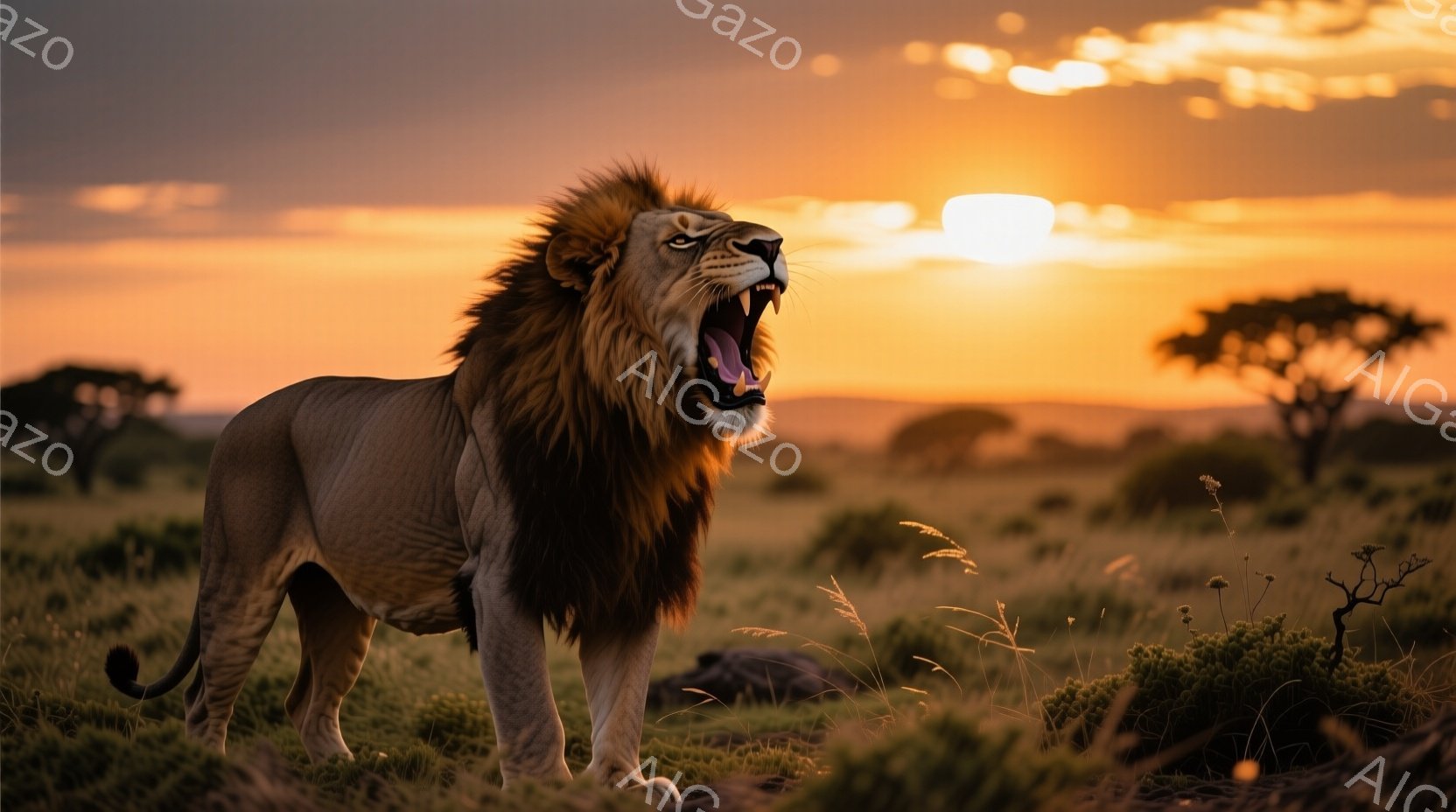 広大なサバンナに、たてがみが豊かなオスのライオンが立っている。口を開けて咆哮し、力強い存在感を放っている。背景には夕焼けの空が広がり、遠くには木々が見える、力強く、そして野生的な雰囲気が漂う。