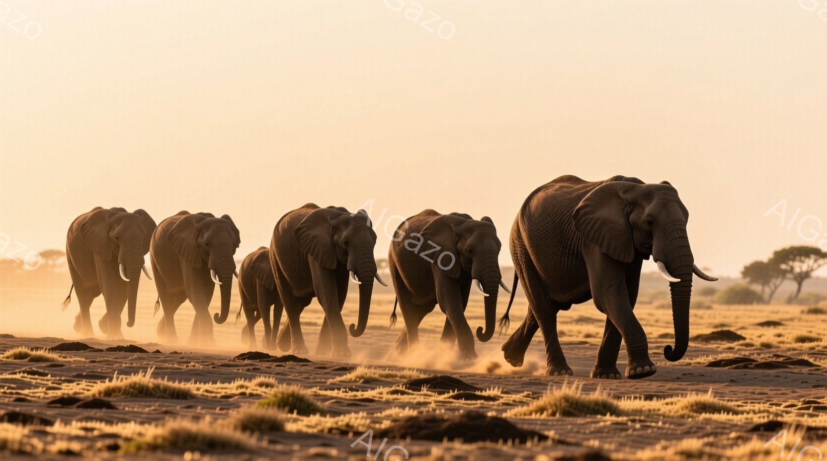 砂漠のような広大な平原を、アフリカゾウの群れが正面からこちらに向かって歩いている様子が捉えられています。夕暮れ時のように、空はオレンジ色で照らされ、埃っぽい地面がゾウの足跡で少し舞い上がっています。ゾウたちは力強く堂々とした姿勢で、荒涼とした風景に生命の息吹を与えています。