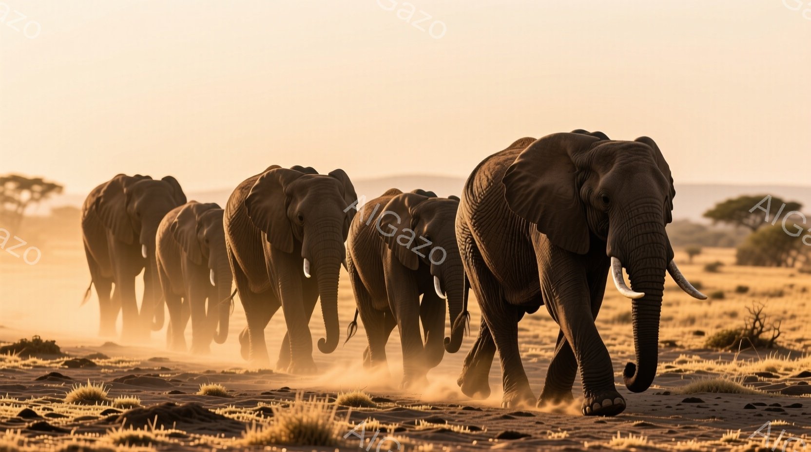 砂埃を巻き上げながら、アフリカゾウの群れがこちらに向かって歩いてくる様子が捉えられています。夕暮れ時のオレンジ色の光が大地を照らし、遠くにはまばらに木々が見えます。全体的に力強く、壮大な自然の雰囲気が漂っています。