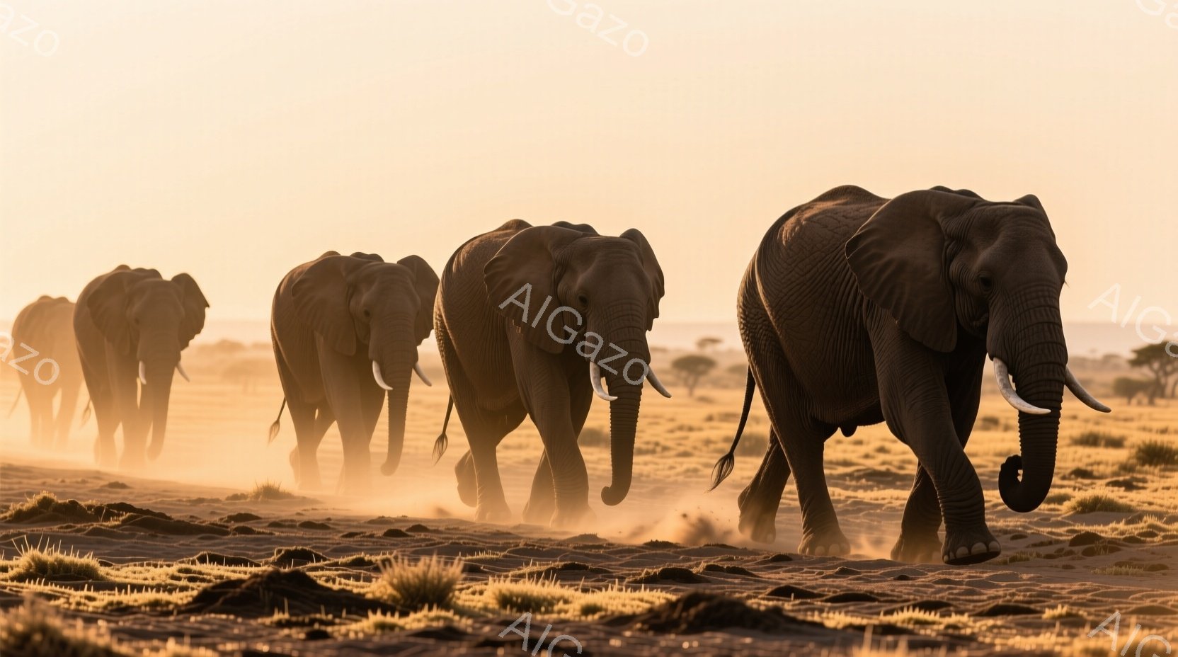 砂漠のような平原を、一列に並んだアフリカゾウが歩いている様子が捉えられている。夕焼けの光が埃っぽい地面を照らし、ゾウのシルエットを強調し、温かく力強い雰囲気を生み出している。遠くには低い草が生い茂り、背景は霞んでおり、広大な自然の風景を暗示している。