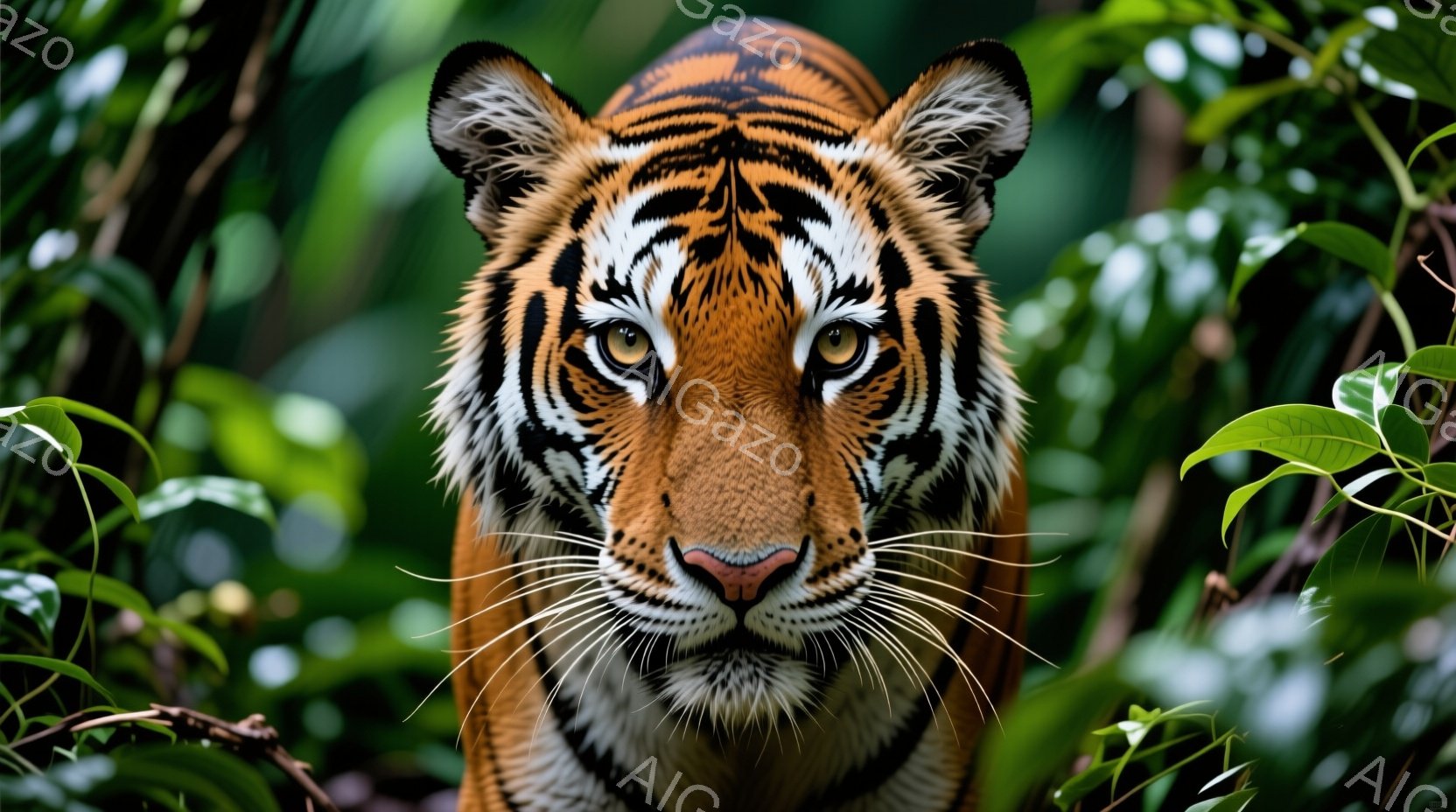 鮮やかな緑の葉に囲まれたトラの顔が大きくクローズアップされている。力強い眼差しと、長く伸びたひげが印象的で、野生の力強さと神秘性を感じさせる。背景は緑豊かな植物で覆われ、自然の息吹を感じさせる、迫力の - AI生成フリー素材