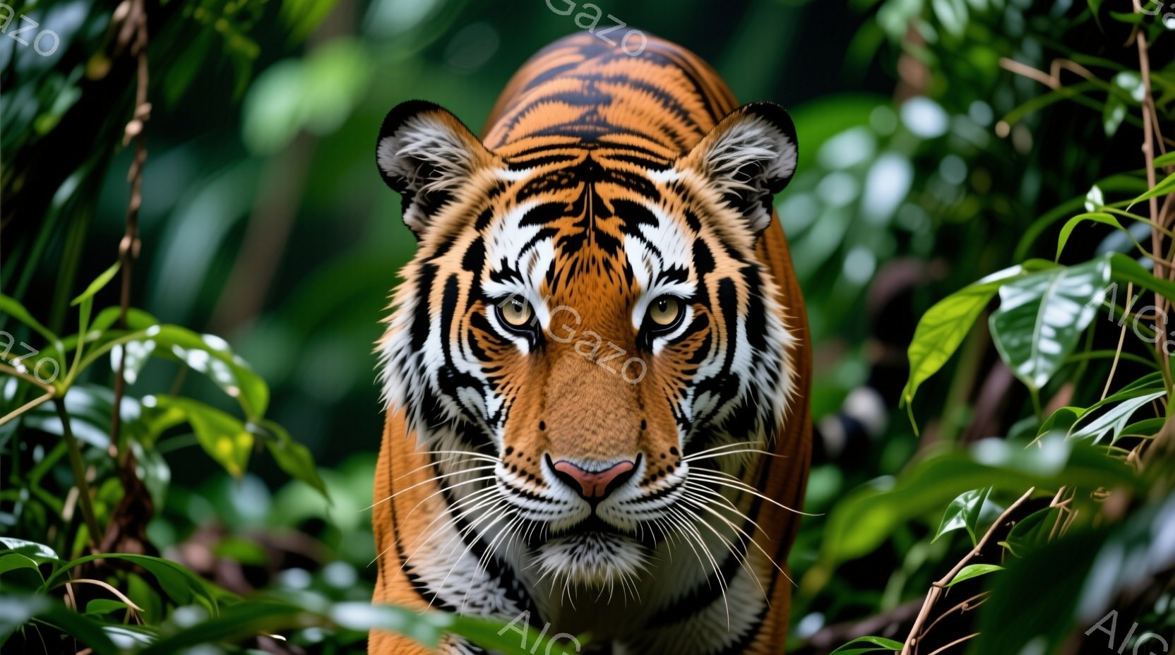 鮮やかなオレンジ色と黒の縞模様を持つトラが、緑豊かな植物の中に姿を現しています。鋭い眼光でカメラを見つめ、力強く、威厳のある表情をしています。背景には熱帯雨林のような緑が生い茂り、自然の息吹を感じさせ - AI生成フリー素材