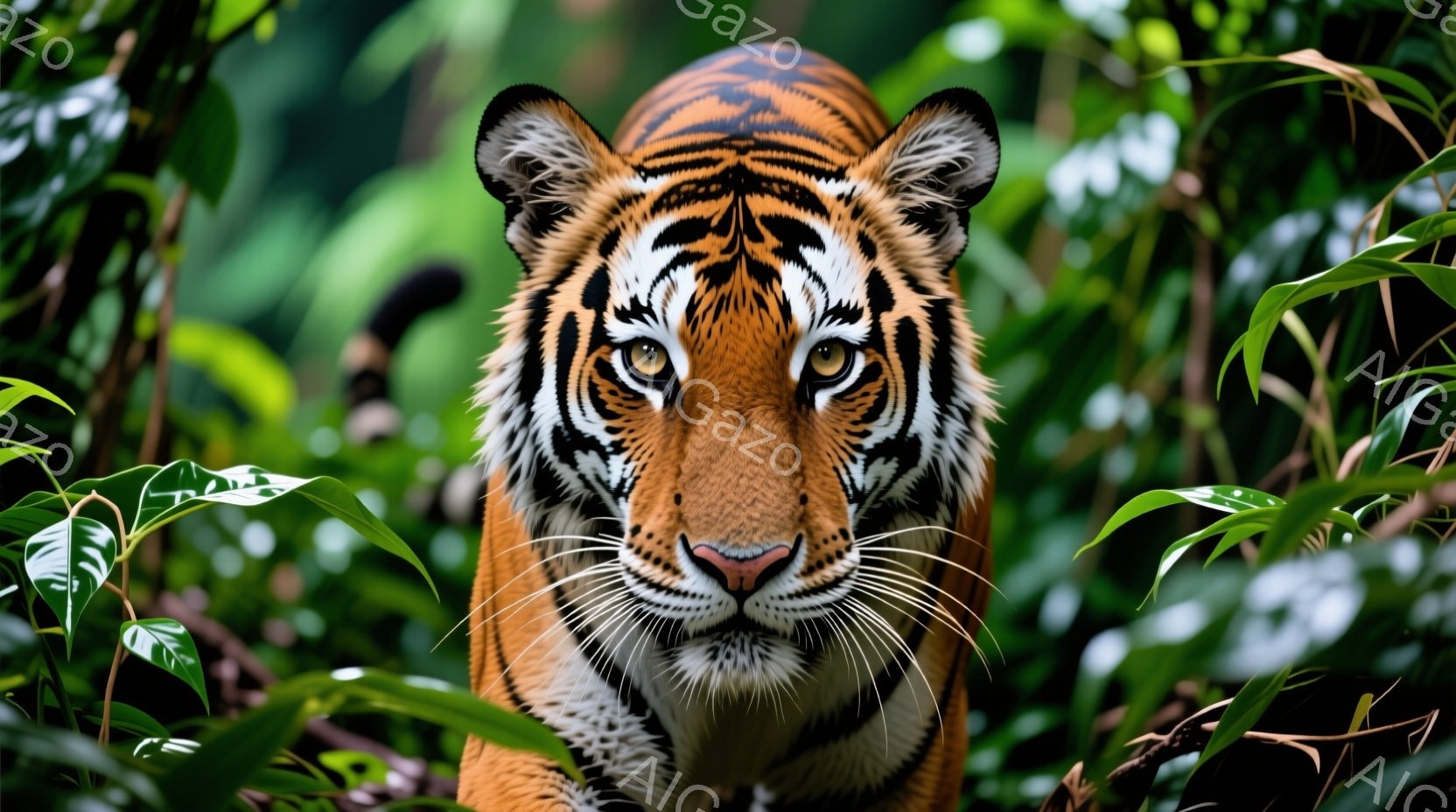 鮮やかなオレンジと黒の縞模様を持つトラが、緑豊かな植物の中に顔を覗かせています。鋭い眼光とわずかに開いた口元からは、野生の力強さと警戒心が感じられます。背景には、様々な緑の葉が密集し、熱帯雨林のような自然環境を示唆しています。