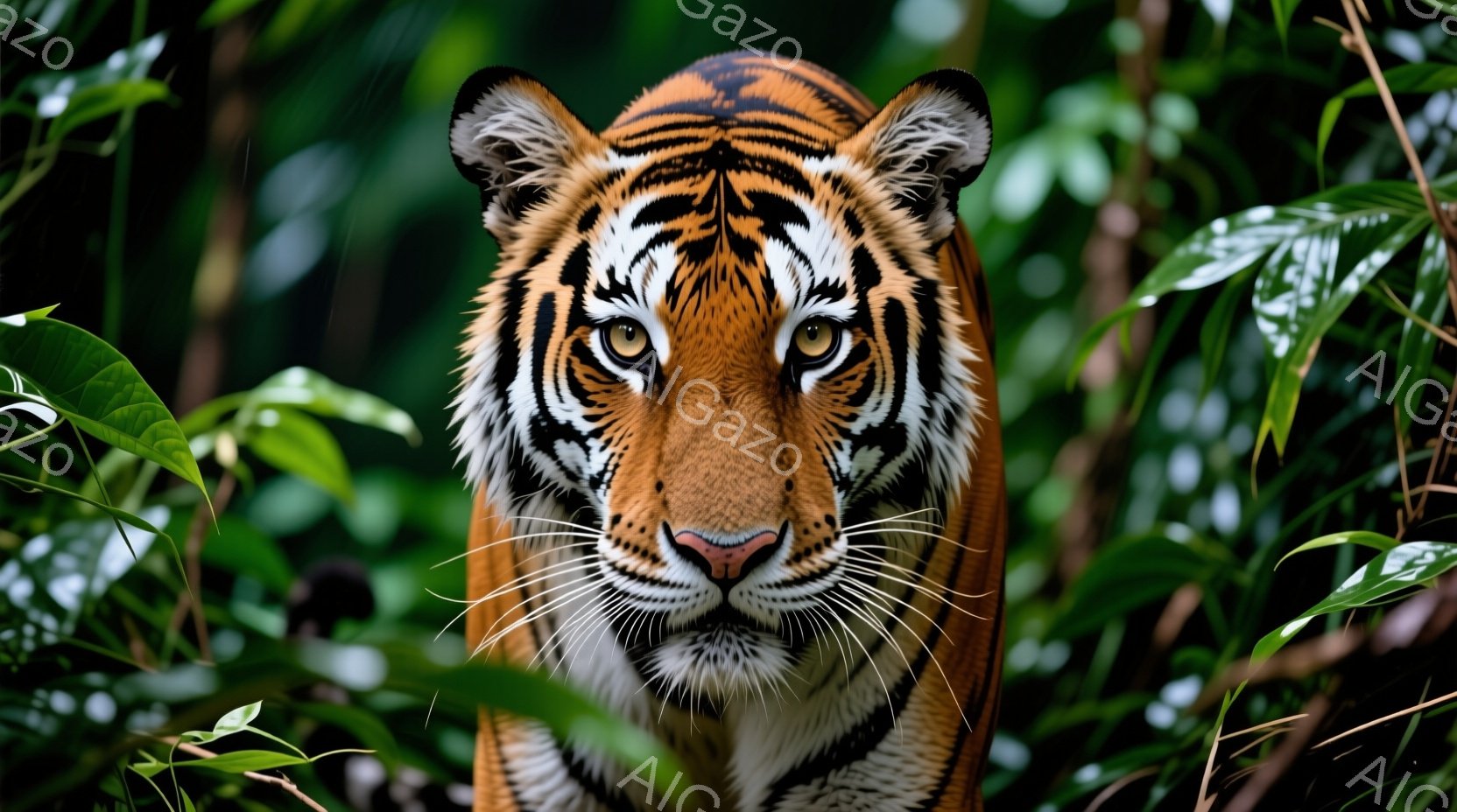 鮮やかなオレンジ色と黒色の縞模様を持つトラの顔が、緑豊かな葉に囲まれて大きくクローズアップされている。鋭い眼差しはカメラを見つめ、力強く、堂々とした印象を与える。背景には濃い緑の葉が茂り、密林の中に潜 - AI生成フリー素材