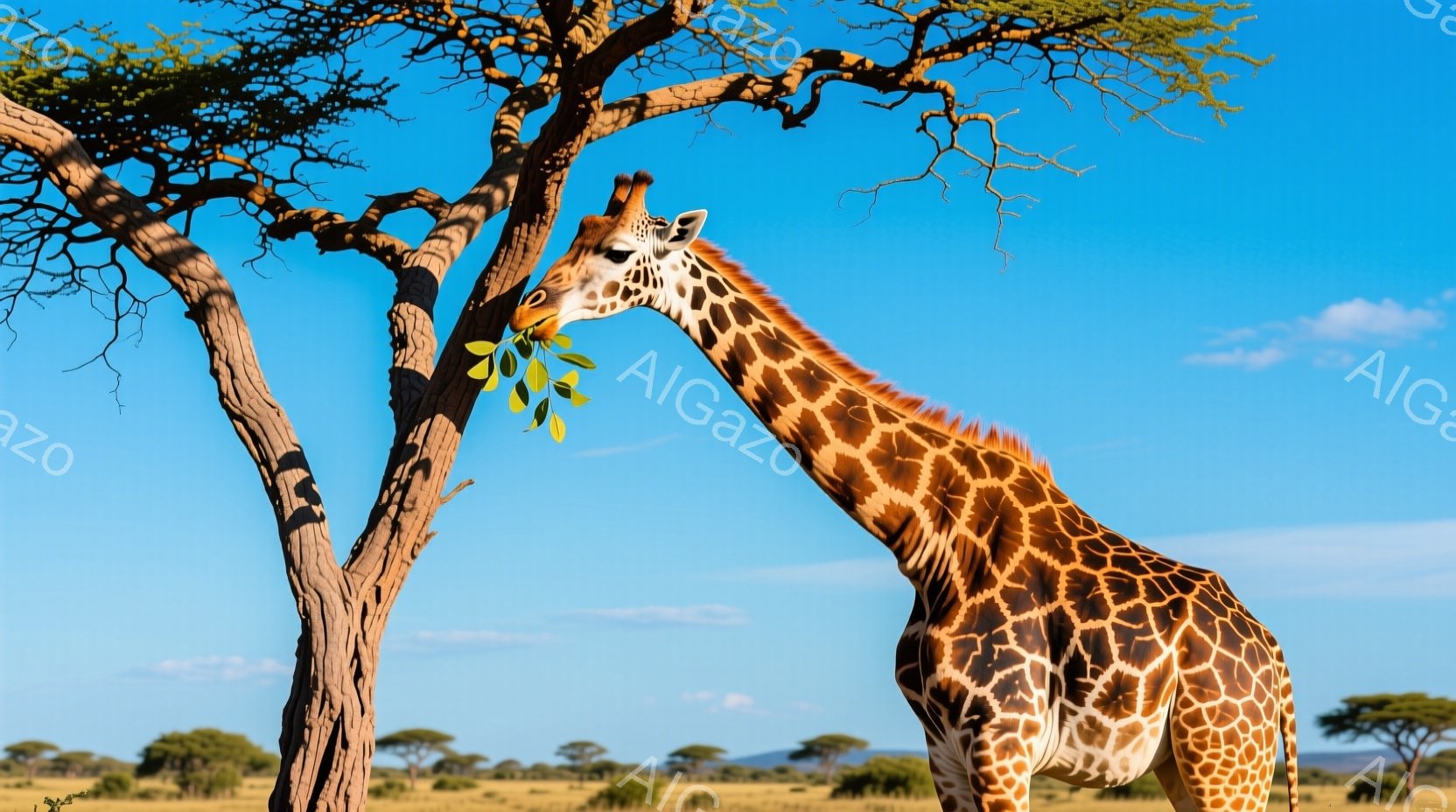 広大なサバンナの中に一頭のキリンが描かれています。キリンは木の高い枝に届き、葉っぱを食べています。背景には、他のアカシアの木々や草原が広がり、晴天の青空が広がっています。