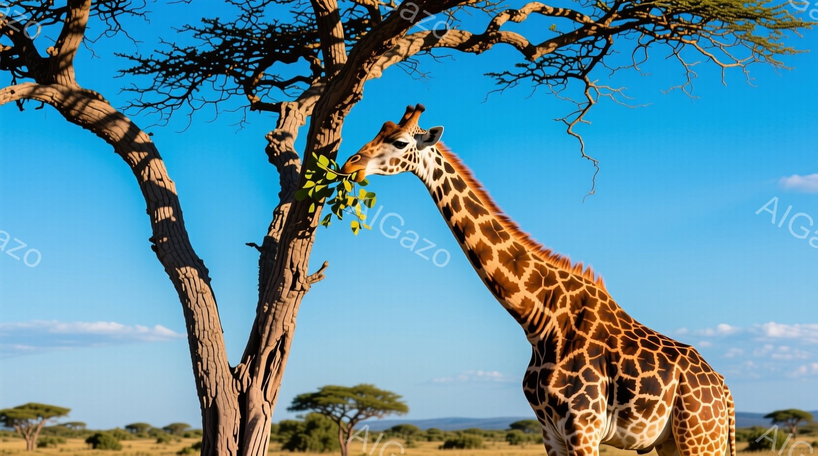 広大なサバンナの中に、キリンが一本の木から葉を食べている様子が描かれている。キリンは茶色と白の模様が特徴的で、首を高く伸ばして楽しそうに葉を食べている。背景には、点在する木々と青空が広がり、晴れた日の穏やかな雰囲気が感じられる。