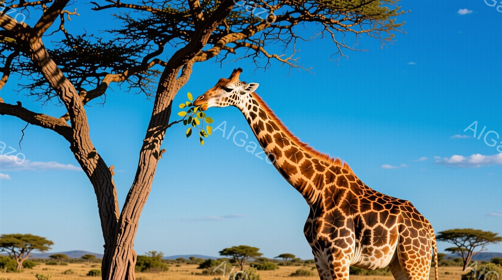 広大なサバンナにキリンが立っており、木の葉を食べている姿が捉えられています。空は澄んだ青色で、遠くには平原とまばらに生える木々が見え、乾燥した気候を感じさせます。キリンの茶色と黒の模様が鮮やかで、背景 - AI生成フリー素材