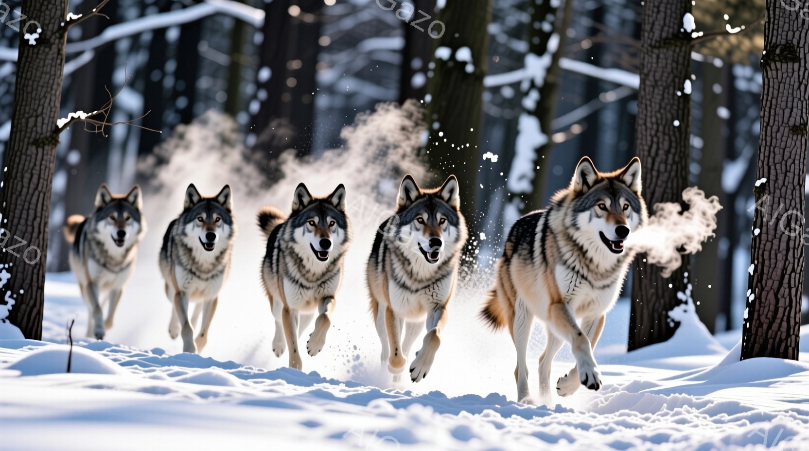 雪に覆われた森林を、5匹のオオカミが隊列を組んで疾走している。彼らは皆、口を開け、息を吐き出し、冬の冷たい空気を白く見せている。背景には、雪化粧された木々が立ち並び、厳しい冬の自然を強調している。 - AI生成フリー素材