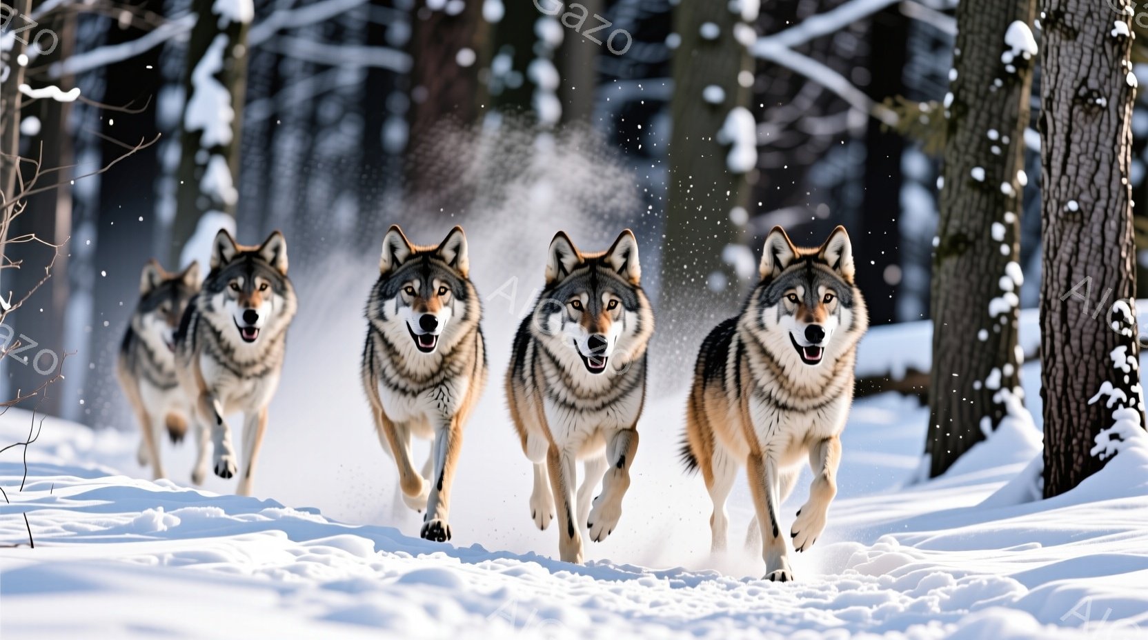 白い雪景色の中、四匹のオオカミがこちらに向かって走ってくる姿が捉えられています。オオカミたちは毛並みが美しく、力強い表情で、雪煙を巻き上げながら疾走しています。背景には雪に覆われた木々が立ち並び、冬の凛とした雰囲気を醸し出しています。