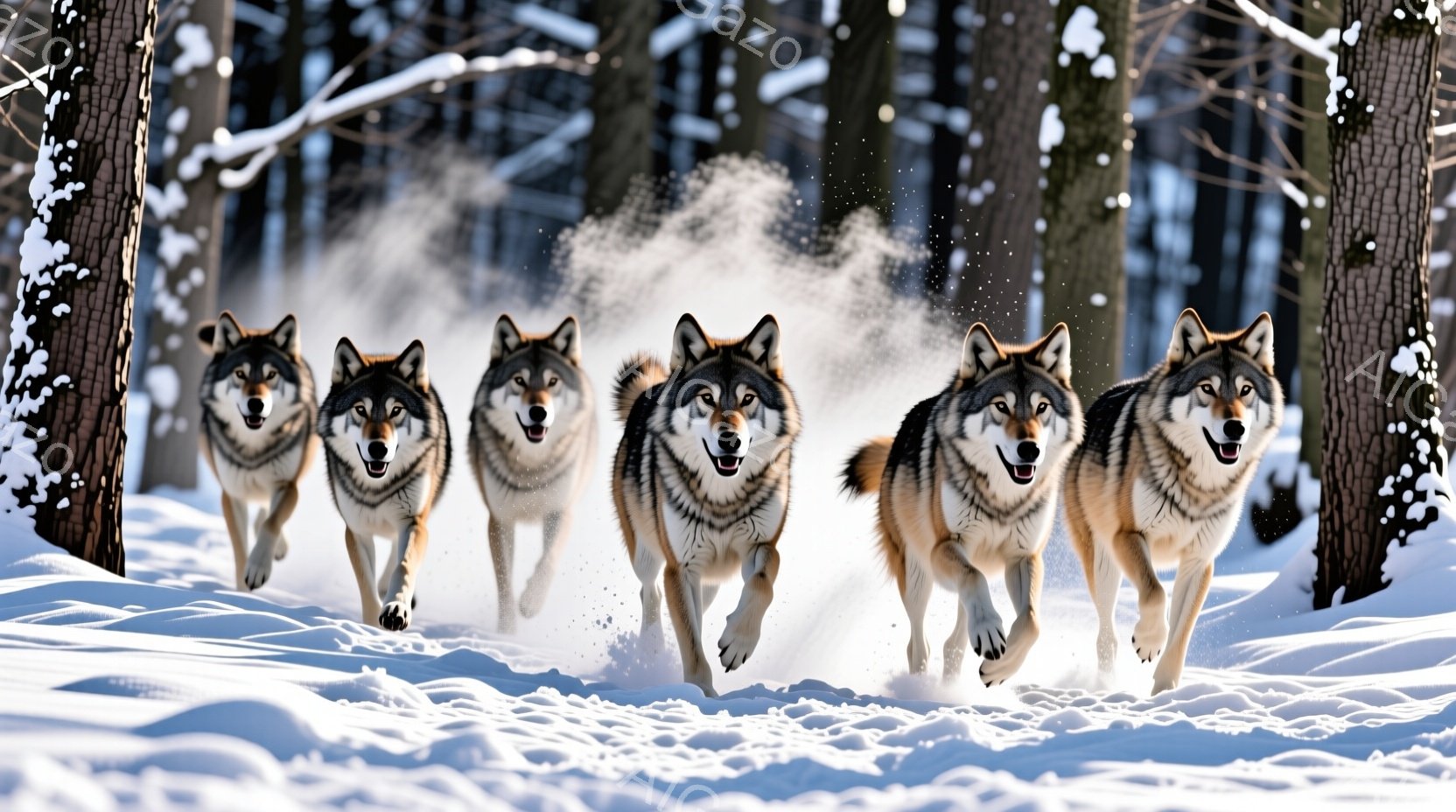 雪深い森の中を、５匹のオオカミが勢いよく駆け抜けている。彼らは皆、前方をまっすぐ見つめ、口を開けて興奮した表情を浮かべている。背景には雪に覆われた木々が立ち並び、吹雪が起こり、冬の厳しさと生命力を感じ - AI生成フリー素材