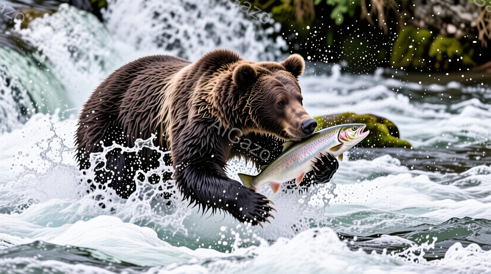 茶色の熊が川の中で飛び跳ね、口に銀色の鮭を咥えています。水しぶきが飛び交い、熊の筋肉質な体と鮭の鮮やかな色が際立っています。背景には緑豊かな植生が見え、力強い自然の躍動感を表現しています。 - AI生成フリー素材