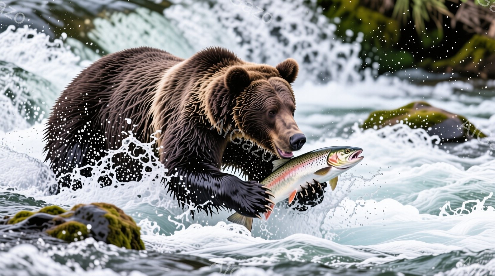 強力なグリズリーベアが水中で跳躍し、口に虹色のマスを咥えています。背景には激しい水流と緑豊かな植生が見られ、水しぶきが飛び散るダイナミックな瞬間を捉えています。この写真は、自然の力強さと野生動物の狩りの様子を表現しており、力強い生命力を感じさせます。