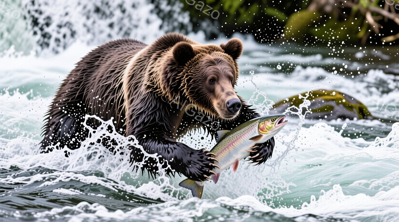 熊が激しい流れの中で鮭を捕らえようとしています。その毛並みは水で濡れて光り、力強い前足で鮭をしっかりと捉えています。背景には水の飛沫と緑豊かな自然が広がり、活気に満ちた躍動感あふれる瞬間を捉えています。