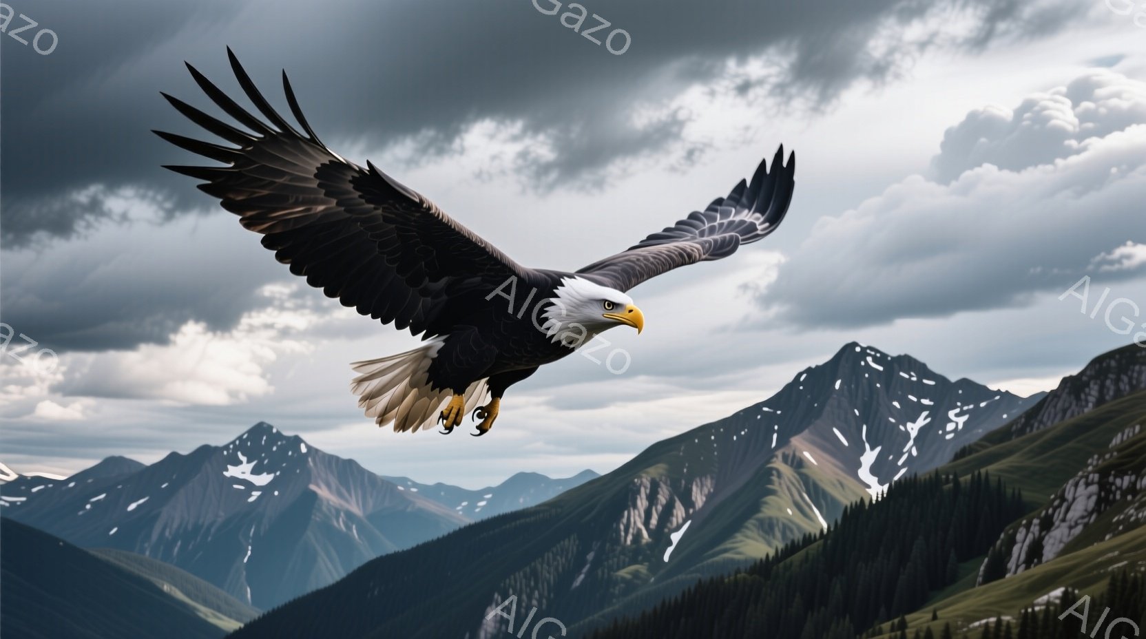 白頭鷲が、雪を抱いた山々の風景を背景に、翼を大きく広げて空を飛んでいる。鷲の鋭い眼光と、力強い爪が印象的で、自由で雄大な雰囲気を漂わせている。山々は深い緑と白雪で覆われ、ドラマチックな雲が空を覆い、自然の壮大さを強調している。