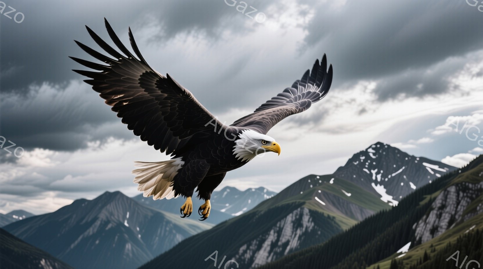 白頭鷲が、雪を抱いた山々の前を翼を広げて飛んでいる。鷲は鋭い眼差しで前を見据え、力強く爪を伸ばしている。背景には、鬱蒼とした緑の山々と、重厚な雲が広がり、野生の自然を感じさせる壮大な風景を作り出している。