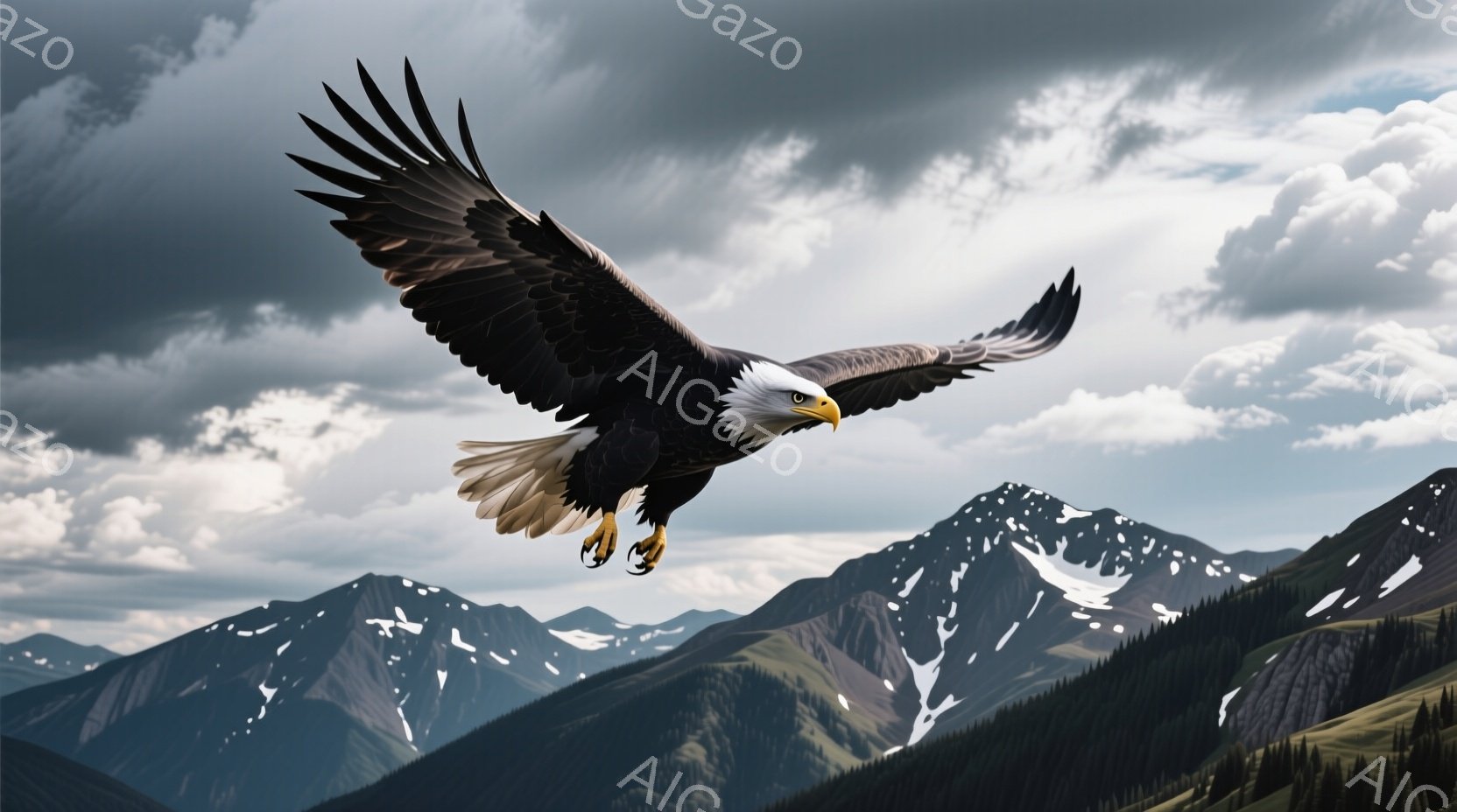 白頭鷲が広大な山岳地帯の上空を力強く舞っている。雪を抱いた山々は連なり、深い緑の森林が裾野を覆っている。灰色の雲が空を覆い、厳かで荘厳な雰囲気を醸し出している。 - AI生成フリー素材