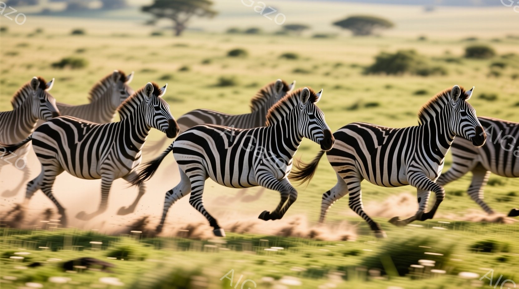 複数のシマウマが草原を疾走している様子が捉えられています。シマウマたちは、力強く前脚を蹴り上げ、鬣をなびかせながら、埃を巻き上げながら走っています。背景には緑豊かな草原と遠くに見える木々が広がり、晴天 - AI生成フリー素材