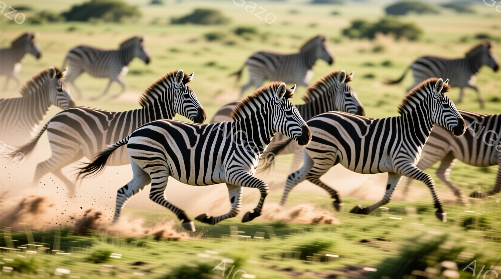 シマウマの群れが草原を疾走している様子が捉えられています。彼らは皆、力強く前進しており、足元からは土埃が舞い上がっています。背景には緑豊かな草原が広がり、自然のエネルギーと躍動感に満ちた瞬間を切り取っ - AI生成フリー素材