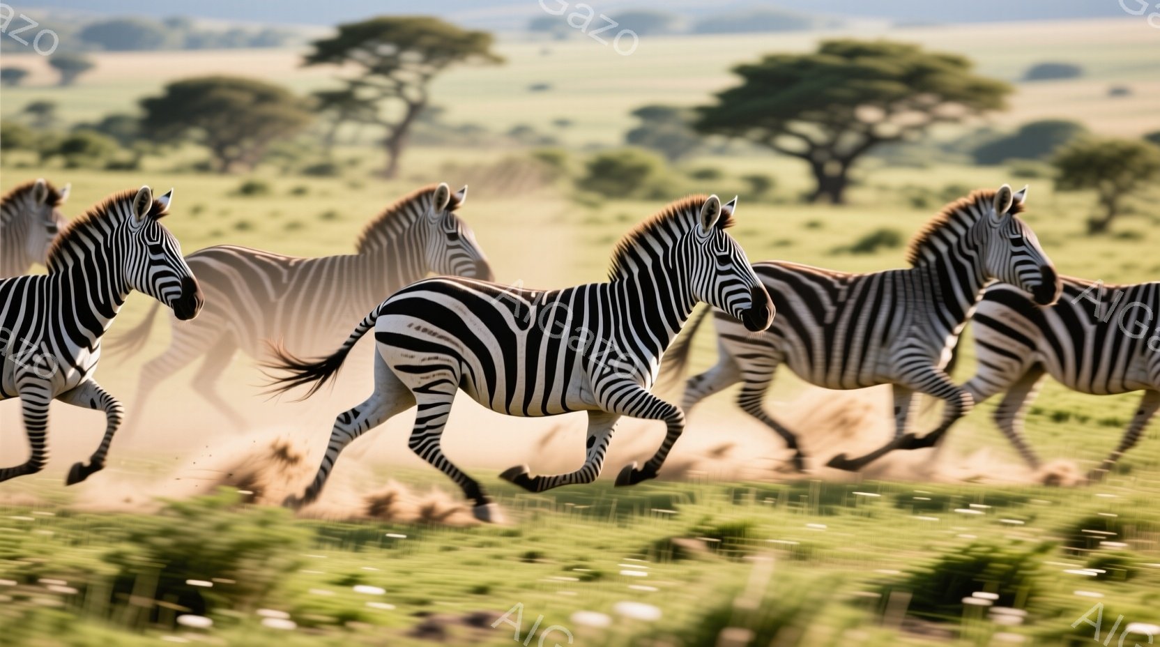 サバンナを疾走するシマウマの群れが写っています。シマウマたちは白い背景に黒い縞模様が特徴的で、力強く大地を蹴り上げながら走っています。背景には緑豊かな草原と、点在する木々が見え、晴れた日の穏やかな雰囲気が伝わってきます。