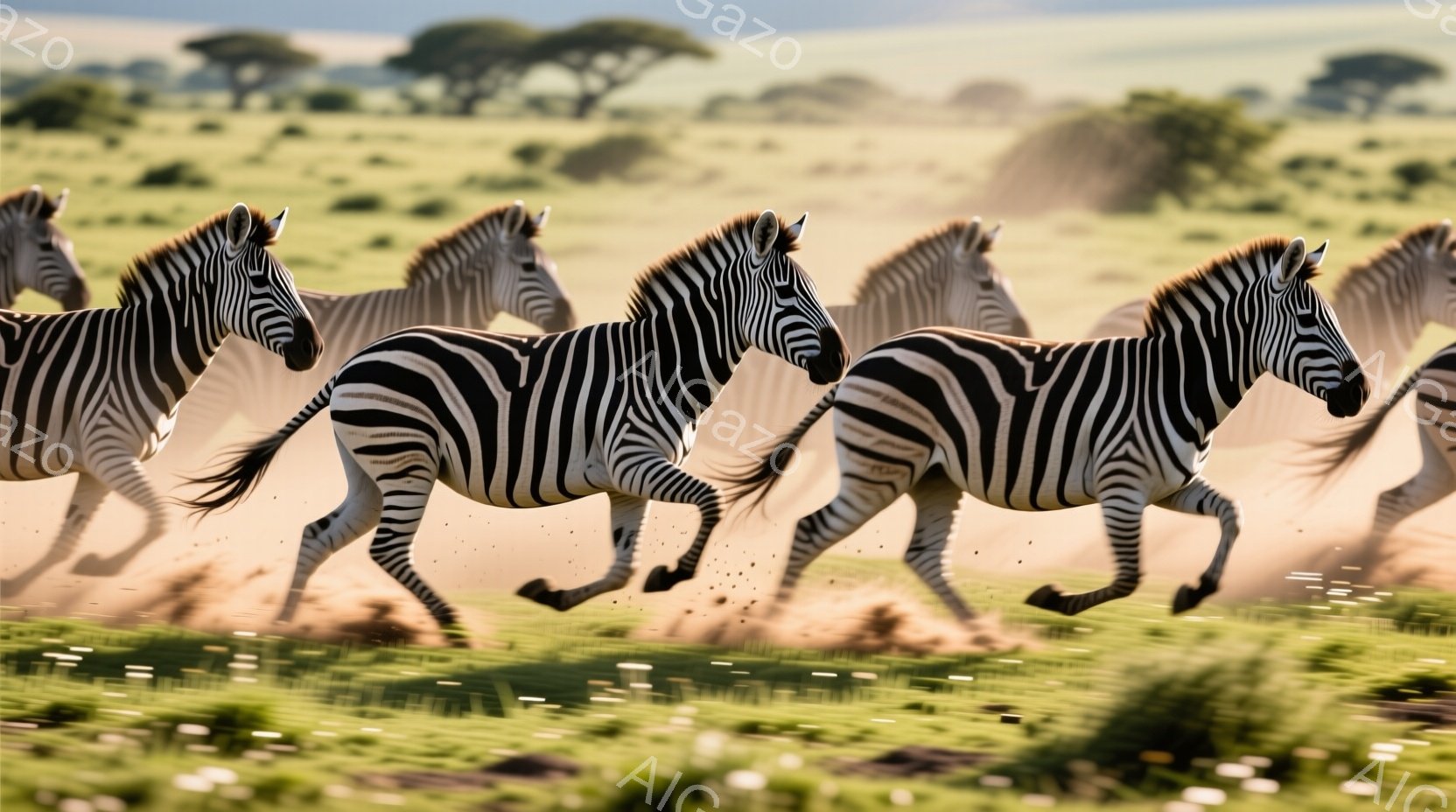 広大なサバンナで、シマウマが勢いよく駆けている様子が捉えられています。土埃が舞い上がり、シマウマの筋肉質な脚が躍動感を強調しています。背景には遠くに見える木々と緑豊かな草原が広がり、活気ある自然の雰囲 - AI生成フリー素材