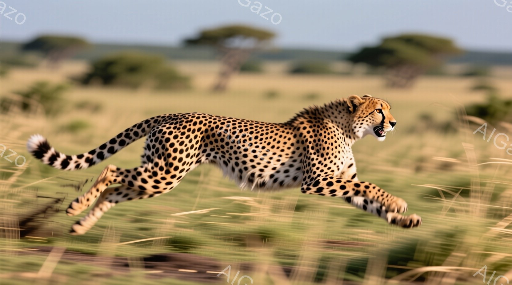 広大なサバンナで、チーターが全速力で走っている様子が捉えられています。身体には特徴的な黒い斑点がびっしりとあり、力強い躍動感とスピード感が伝わってきます。背景には、乾燥した草原と点在する木々が見られ、晴天の下、野生の生命力溢れる雰囲気が漂っています。