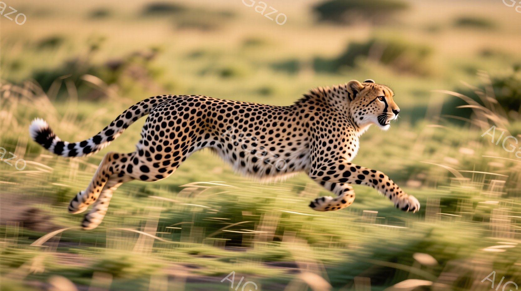 鮮やかな緑の草原を、ヒョウが躍動的に走り抜けている様子が捉えられている。その体には特徴的な黒い斑点が広がり、筋肉質な四肢がスピード感を強調している。背景には柔らかい光が差し込み、ヒョウの力強い姿を際立 - AI生成フリー素材